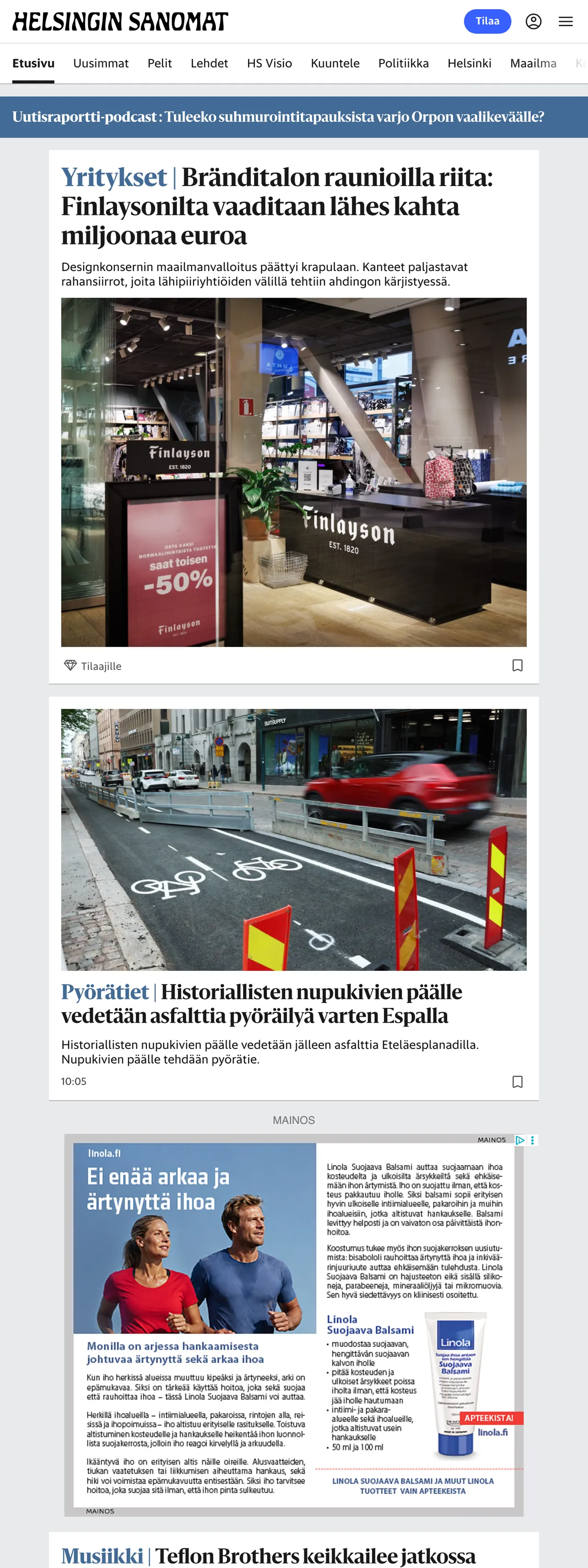 Screenshot of the Helsingin Sanomat front page