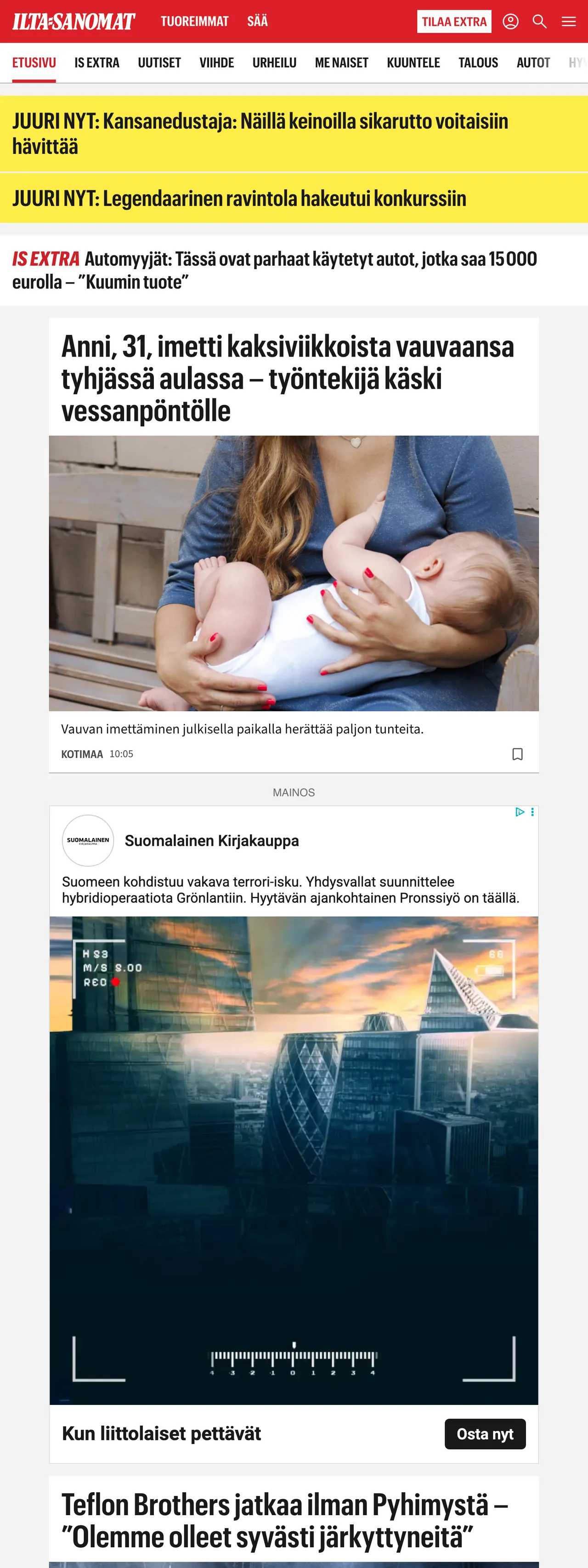 Screenshot of the Ilta-Sanomat front page