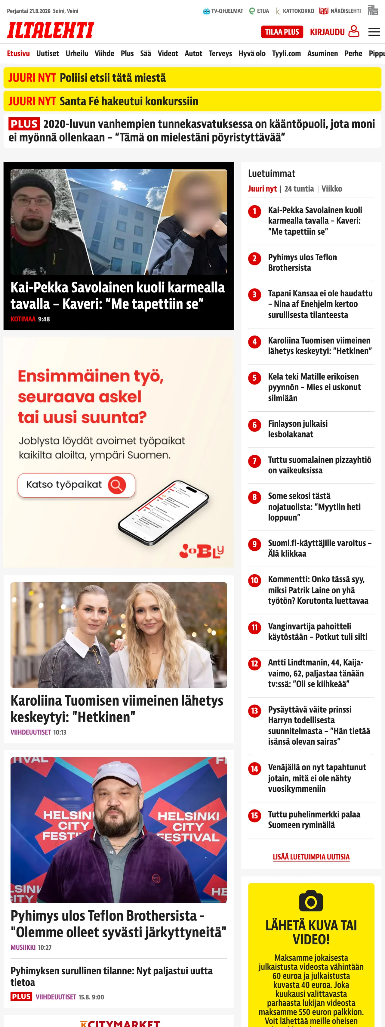 Screenshot of the Iltalehti front page