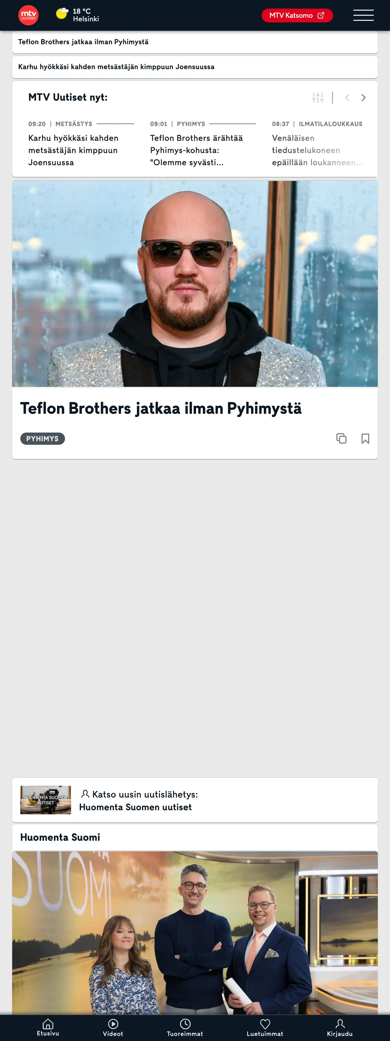 Screenshot of the MTV Uutiset front page