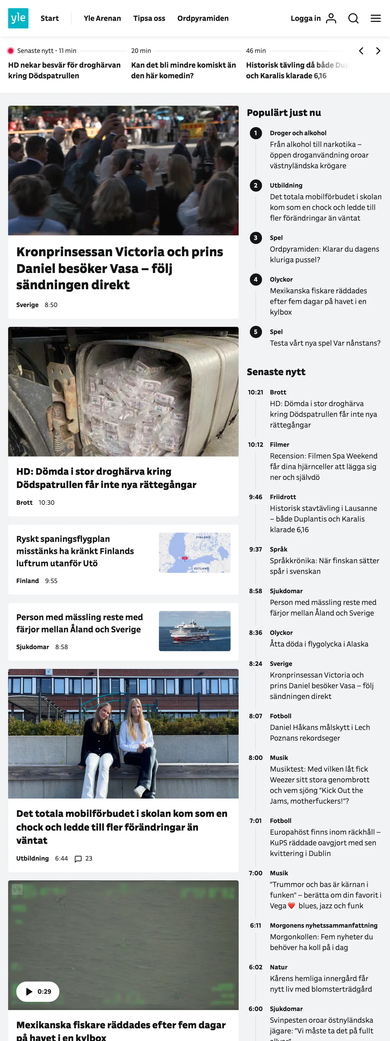 Screenshot of the Svenska Yle front page