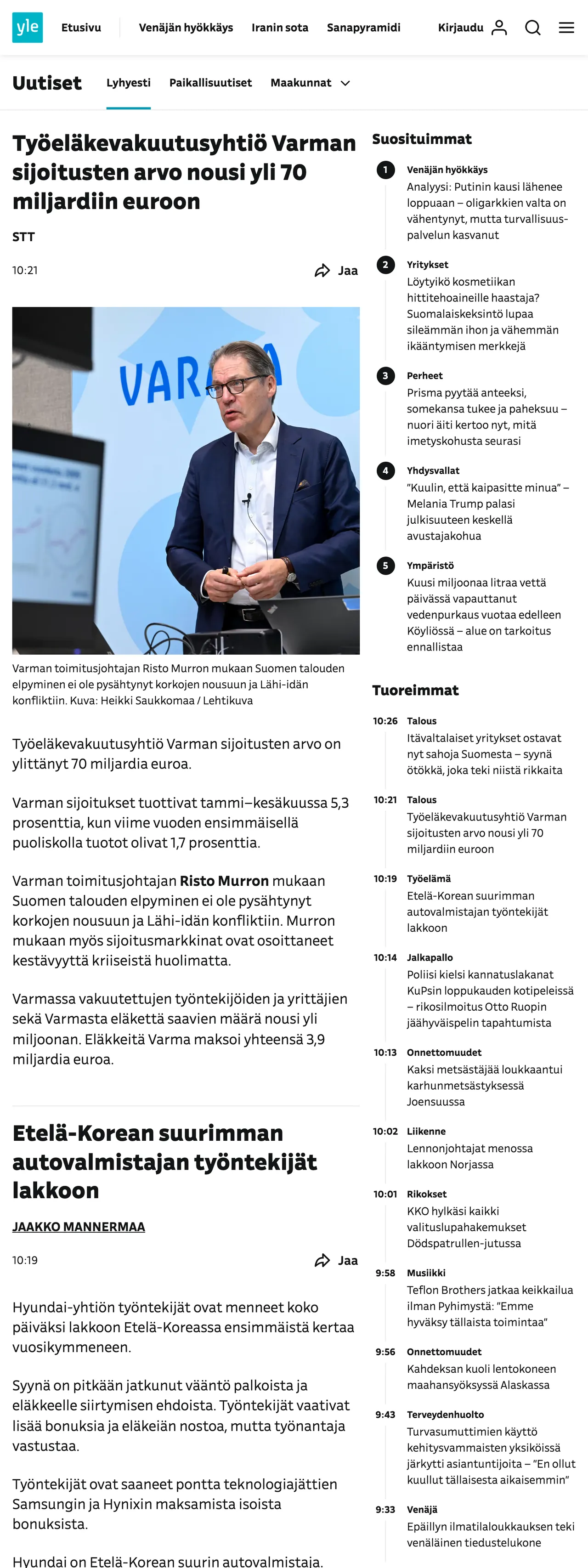 Screenshot of the Yle front page