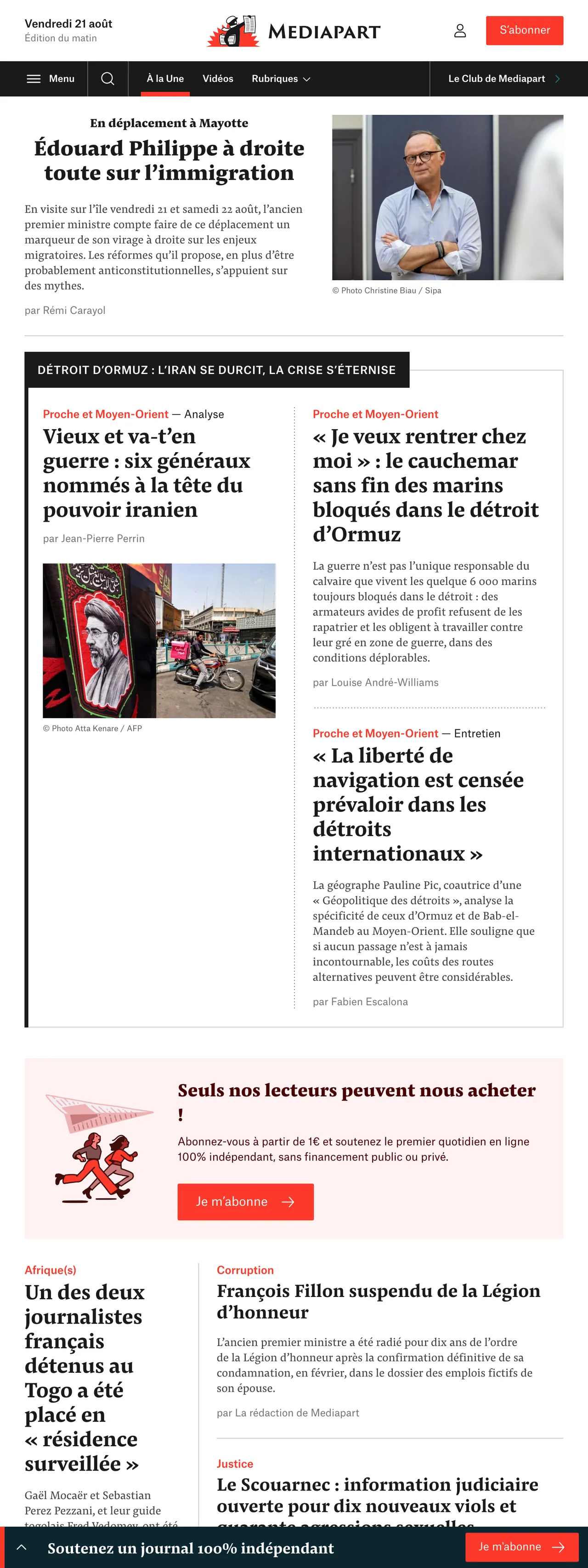 Screenshot of the Mediapart front page