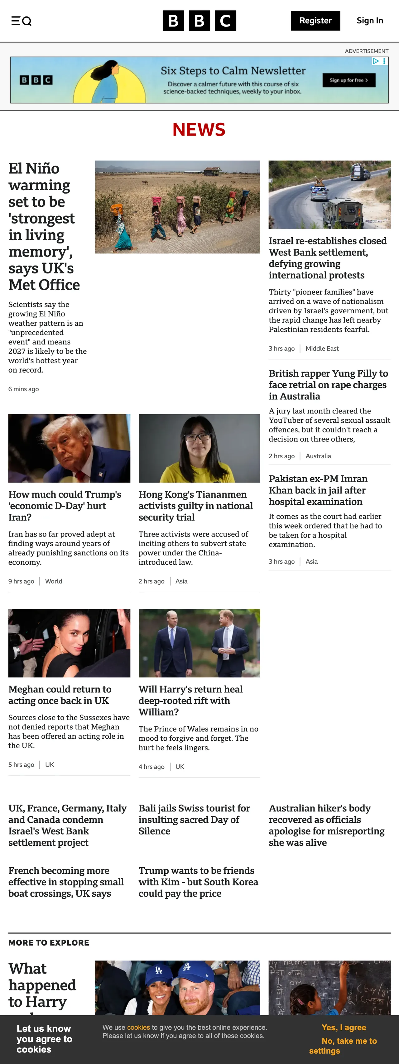 Screenshot of the BBC News front page