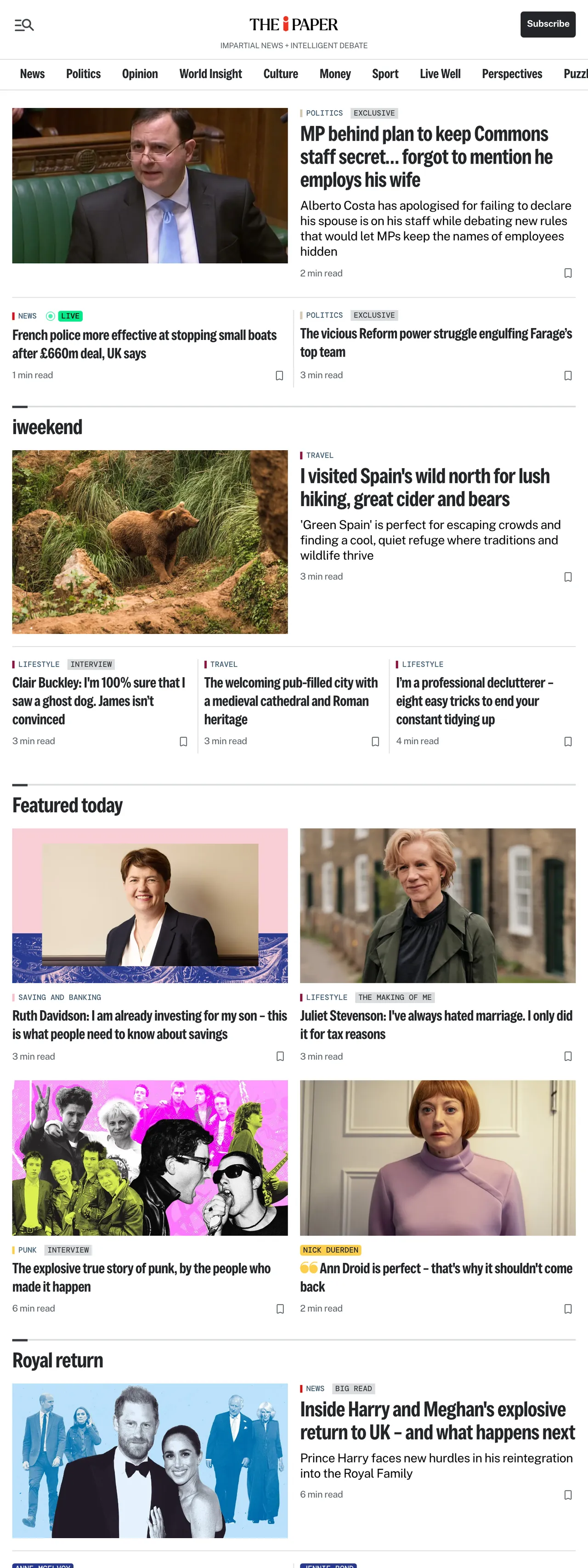 Screenshot of the The i Paper front page