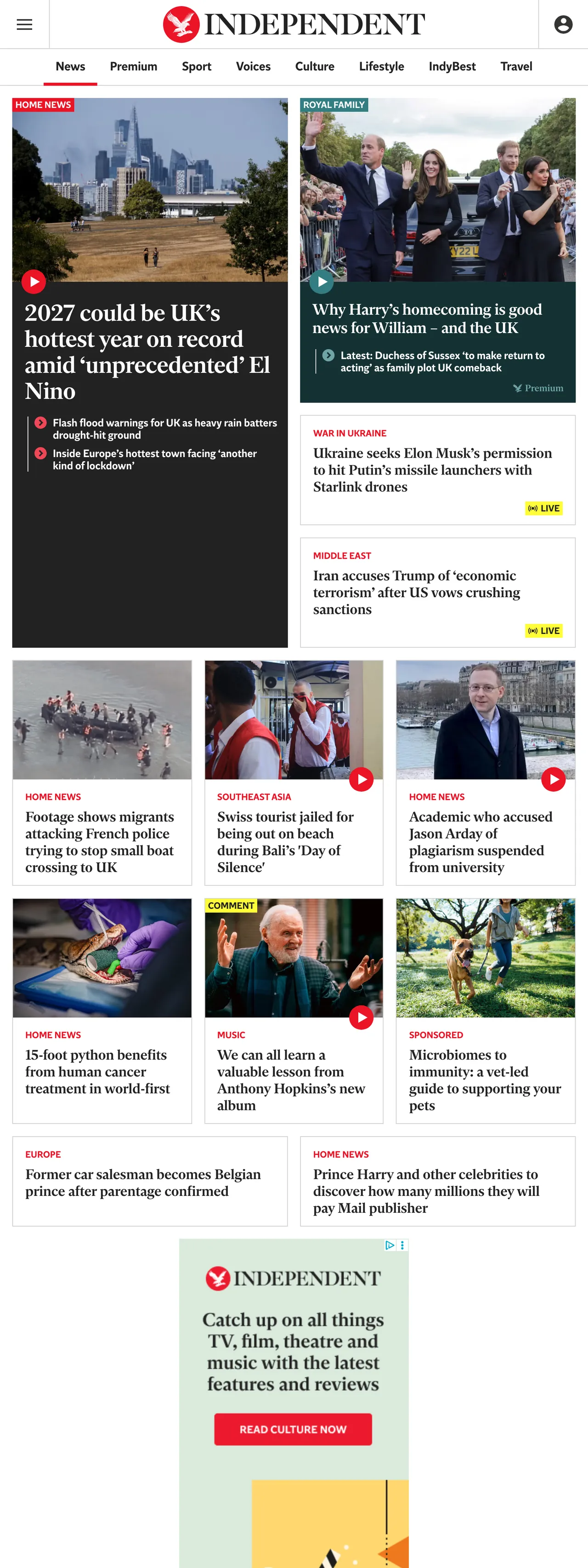 Screenshot of the The Independent front page