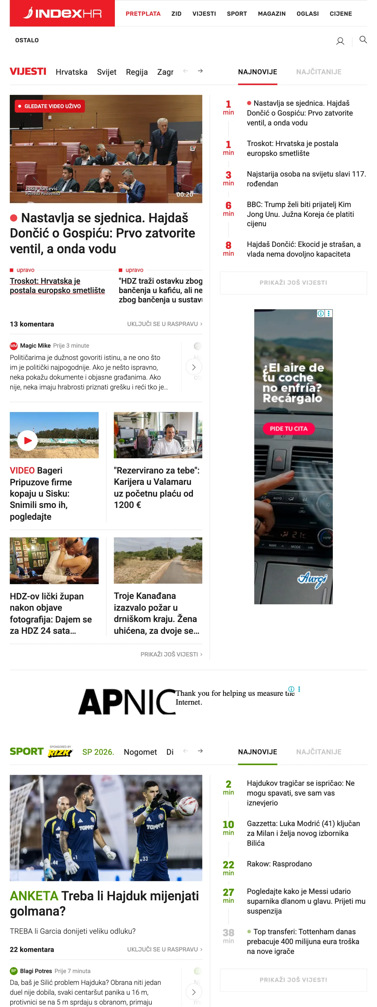 Screenshot of the Index.hr front page
