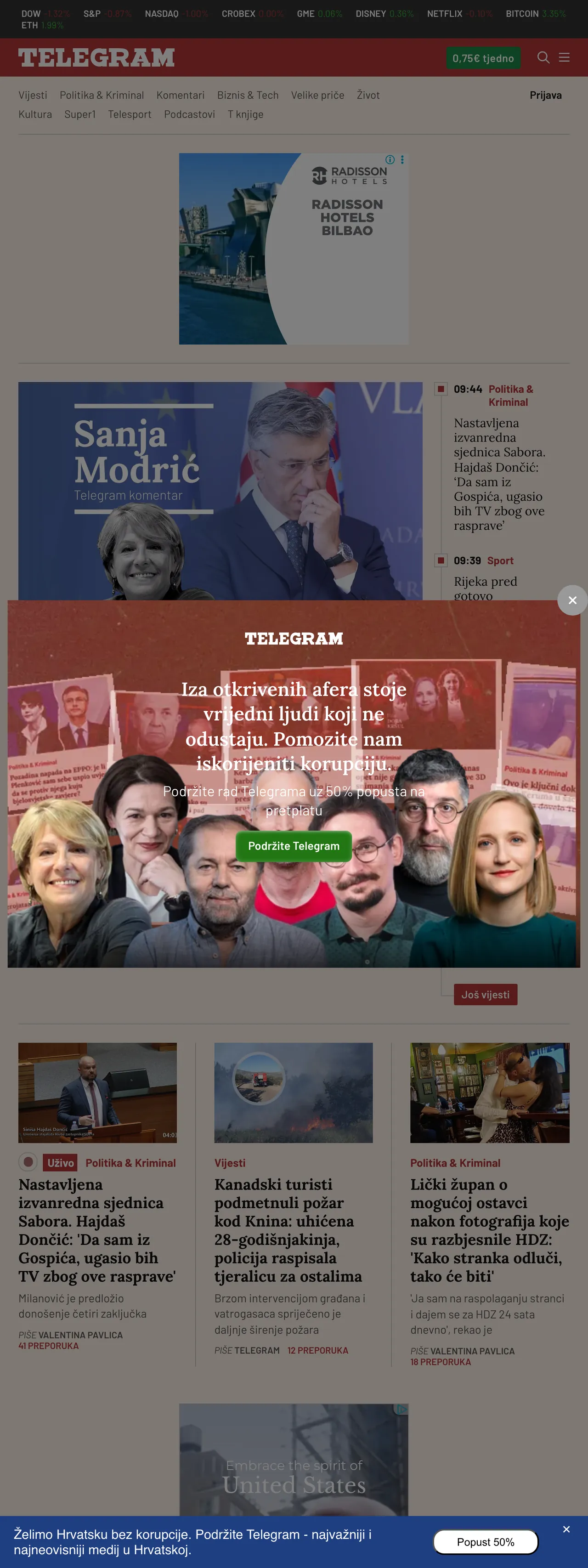 Screenshot of the Telegram.hr front page