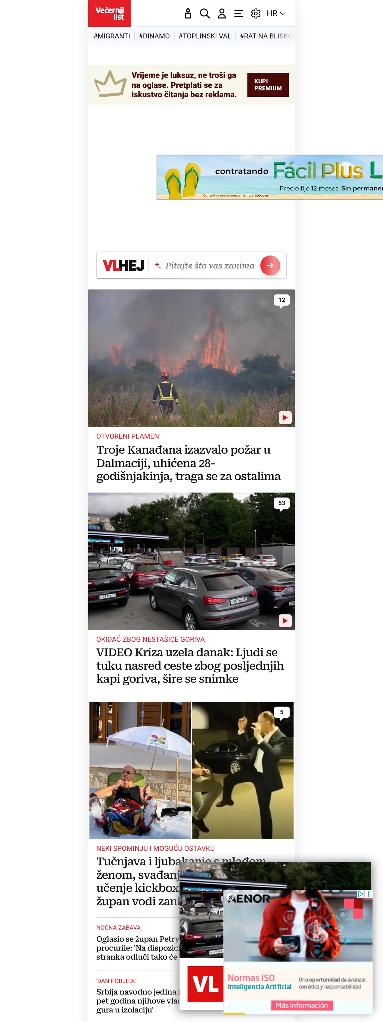 Screenshot of the Večernji list front page