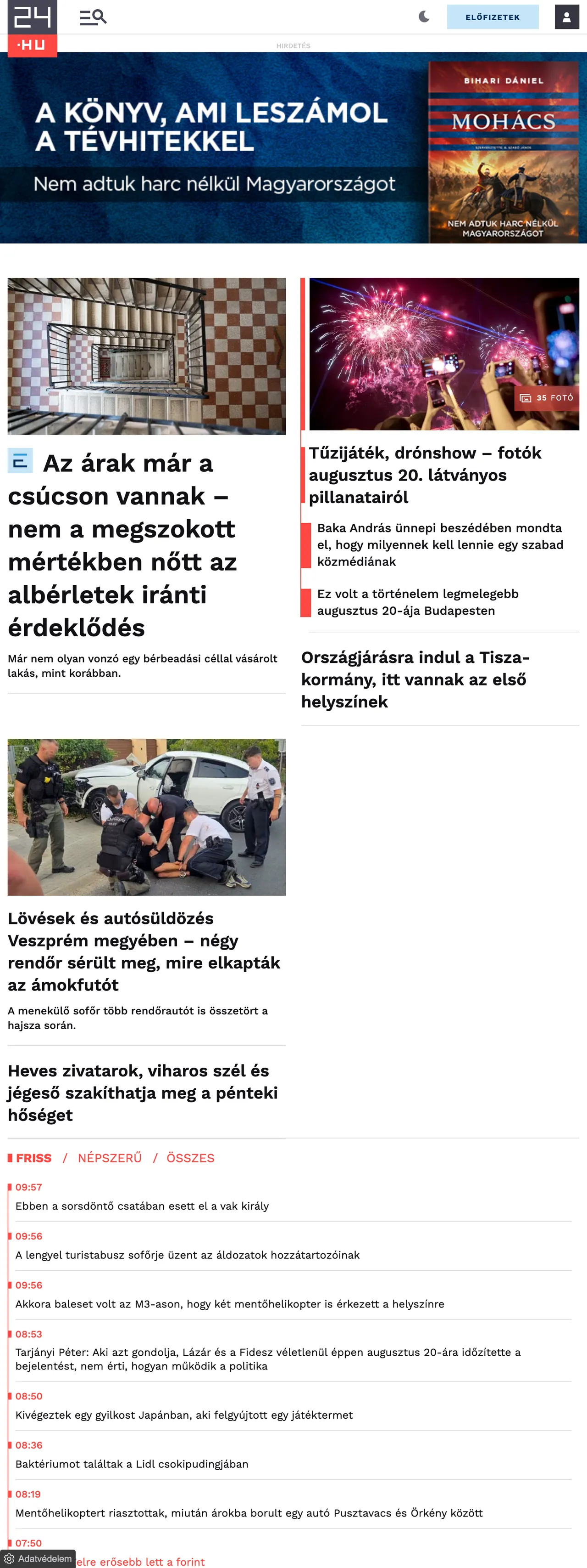 Screenshot of the 24.hu front page