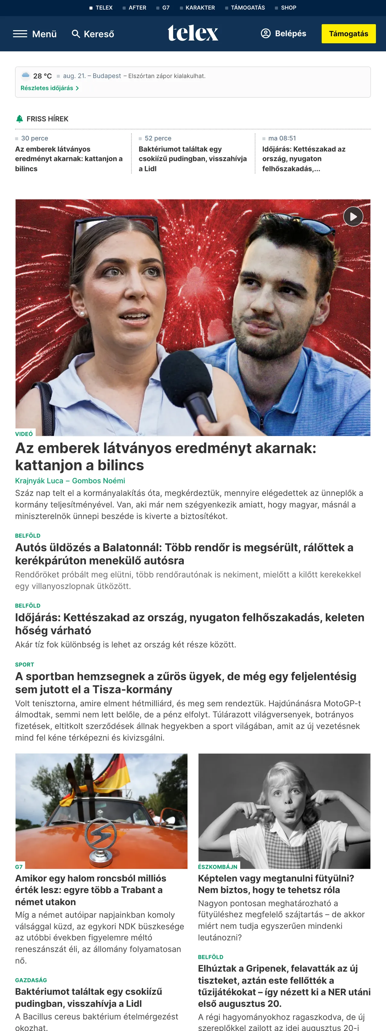 Screenshot of the Telex front page