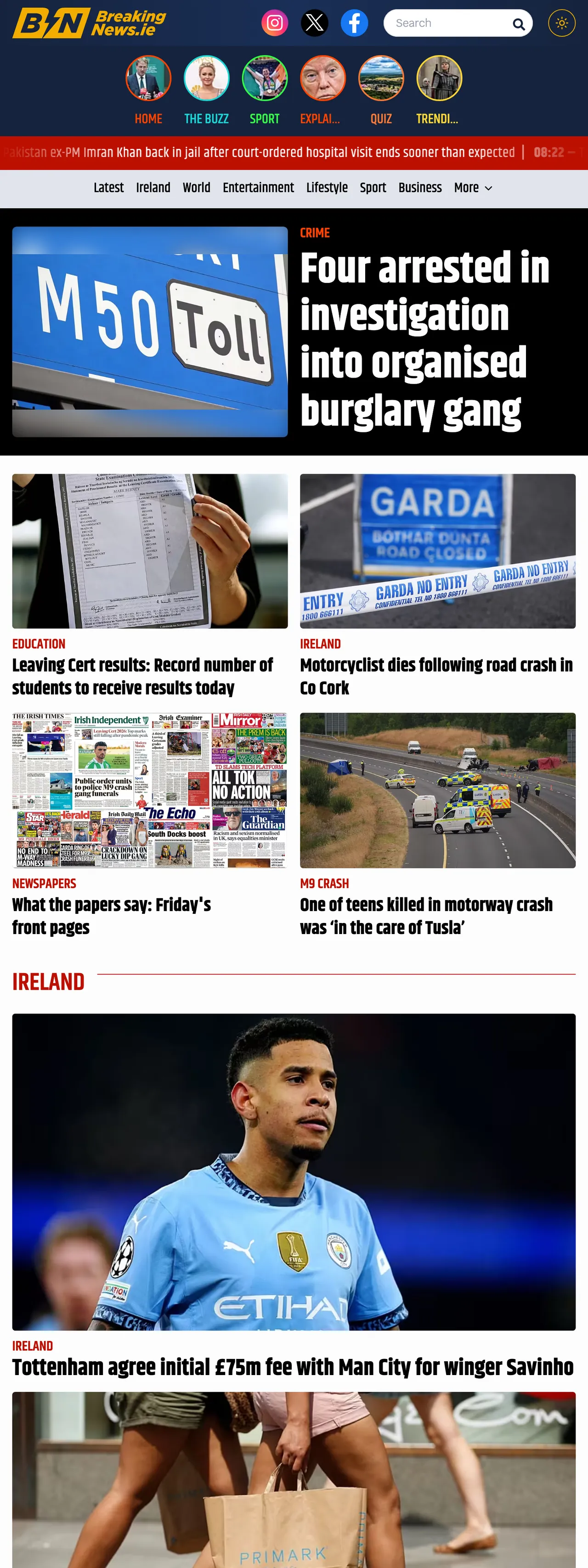 Screenshot of the BreakingNews.ie front page