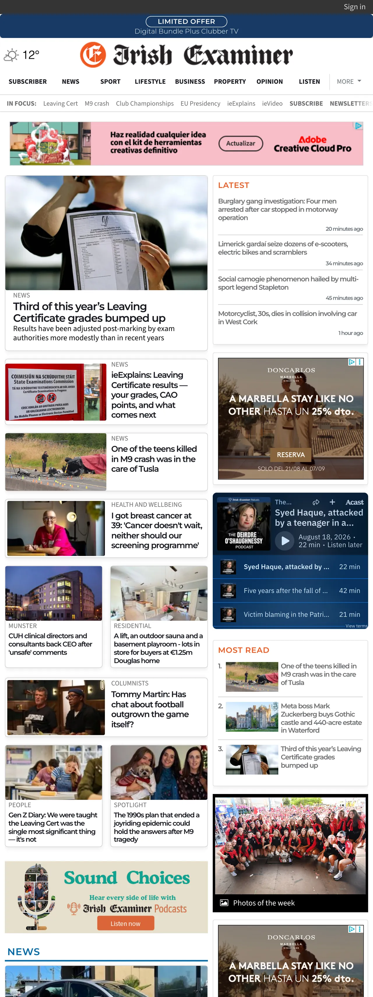 Screenshot of the Irish Examiner front page
