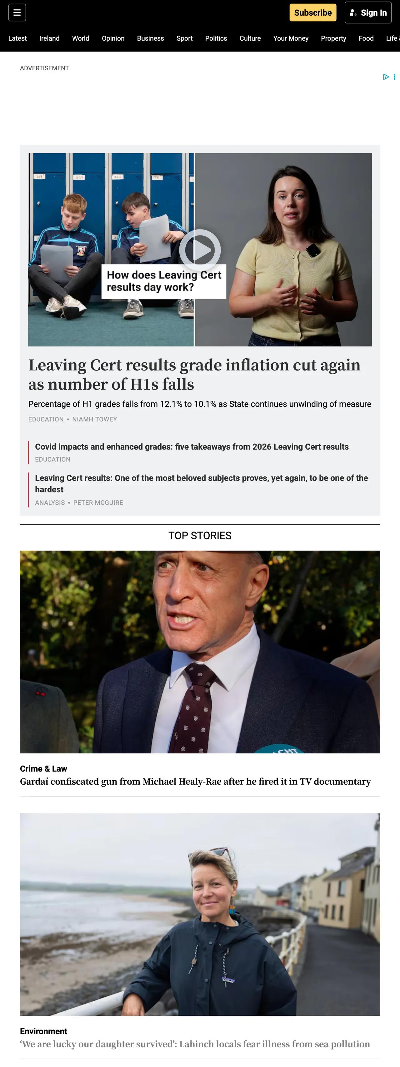 Screenshot of the The Irish Times front page