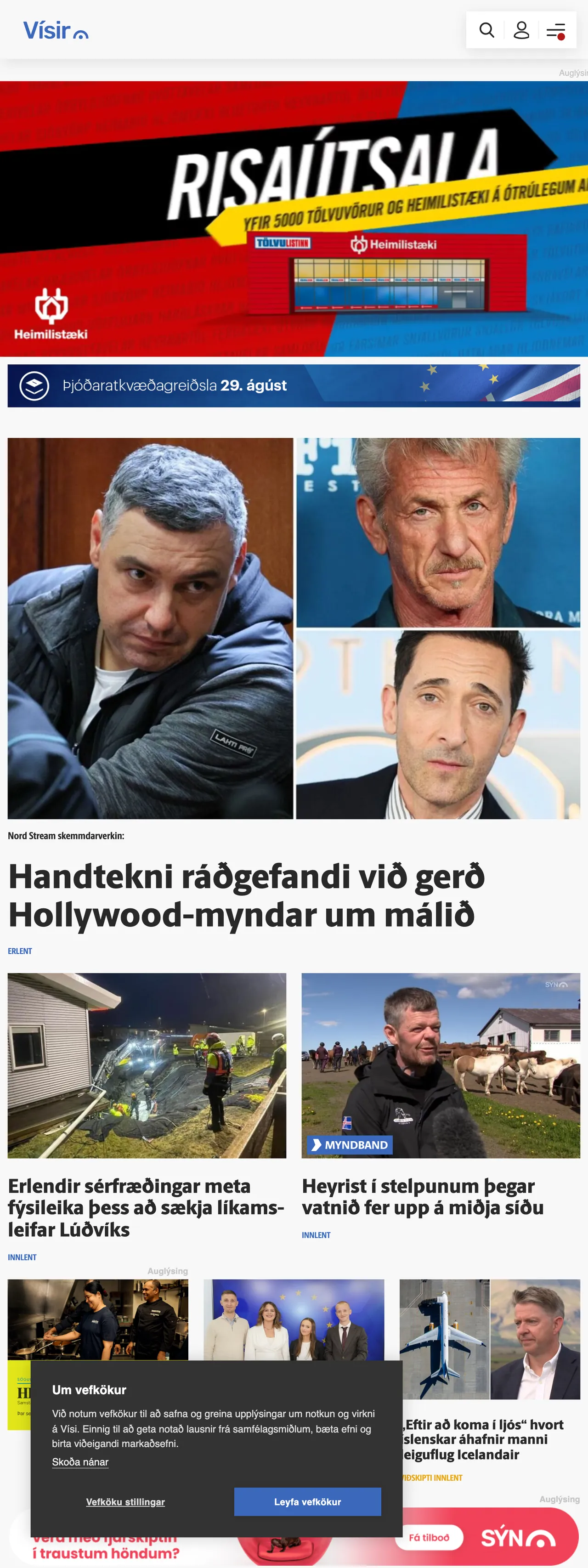 Screenshot of the Vísir front page