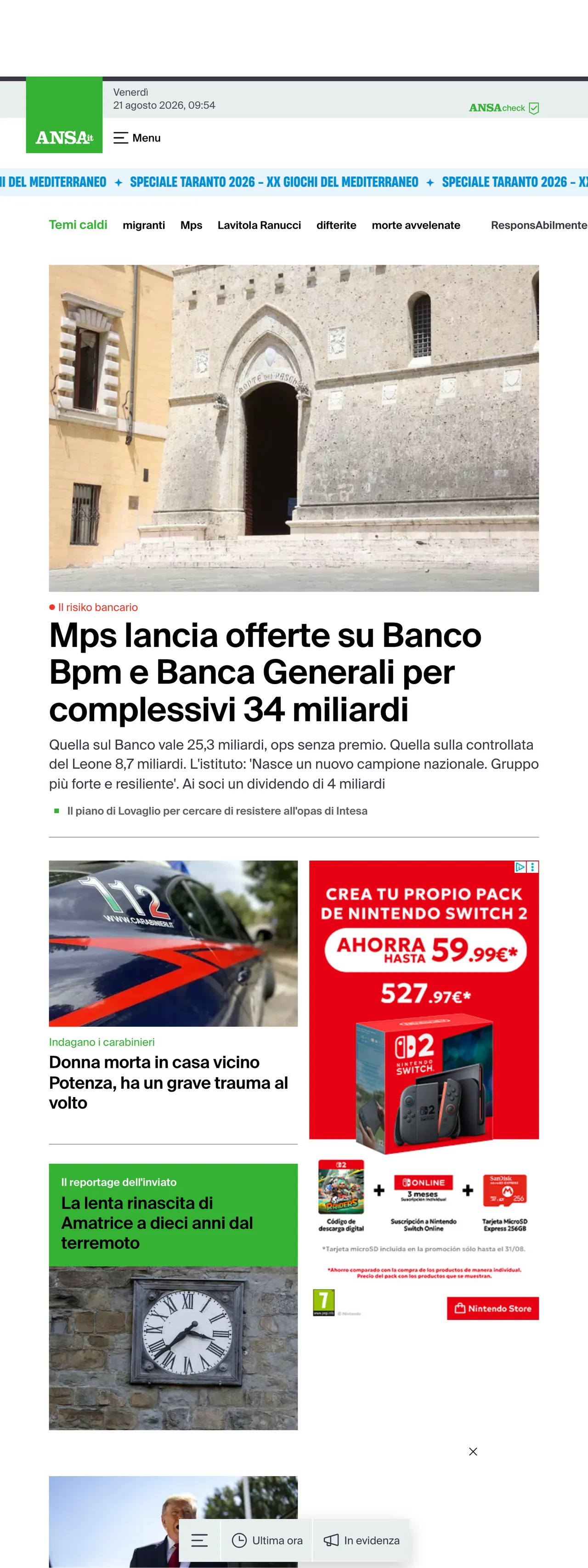Screenshot of the ANSA front page