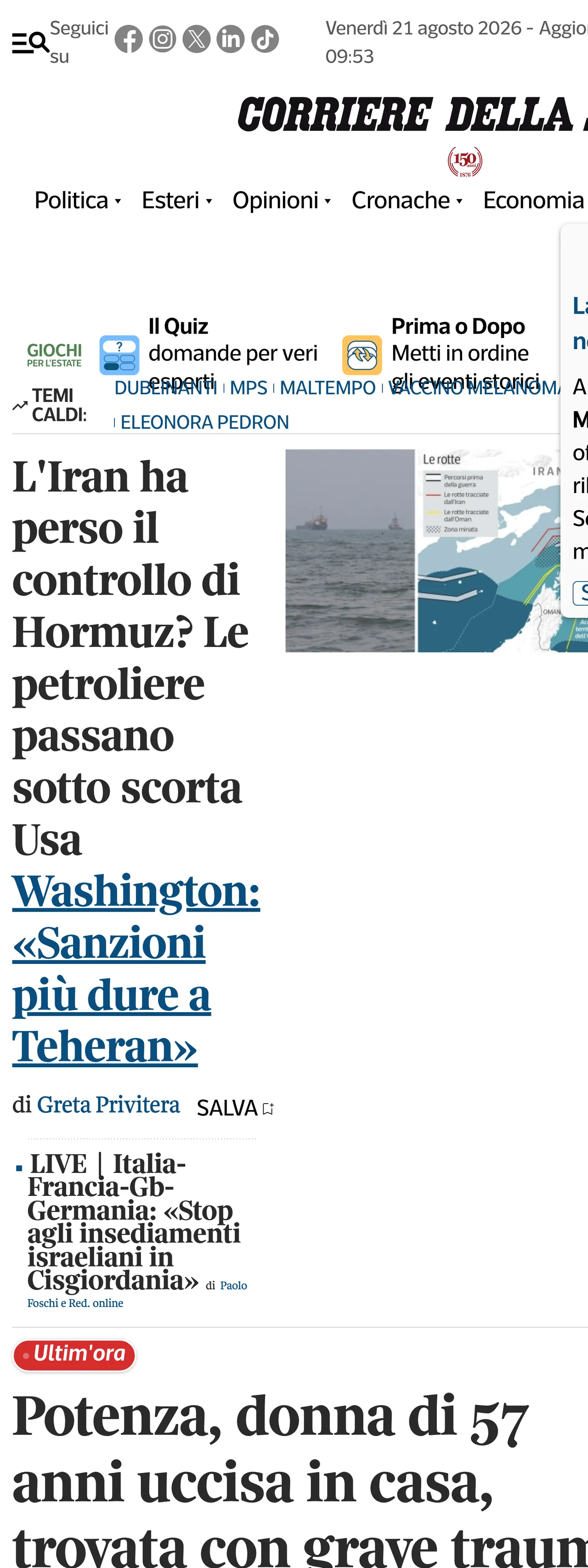Screenshot of the Corriere della Sera front page