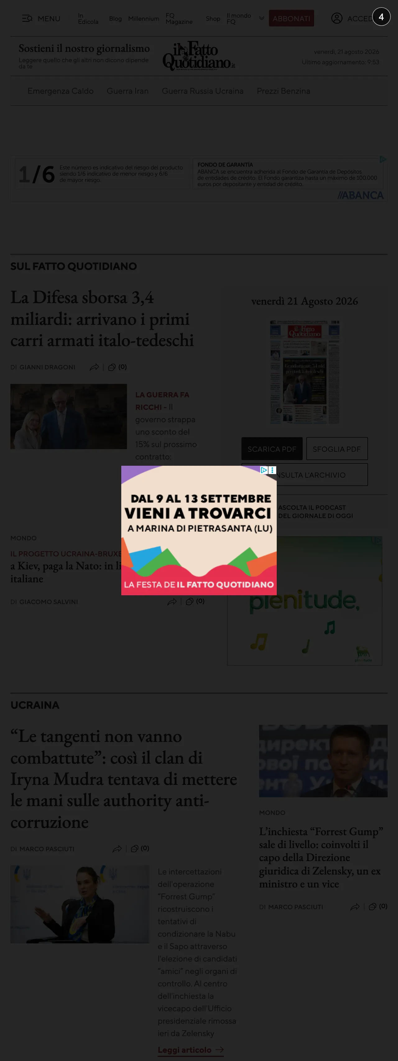 Screenshot of the Il Fatto Quotidiano front page