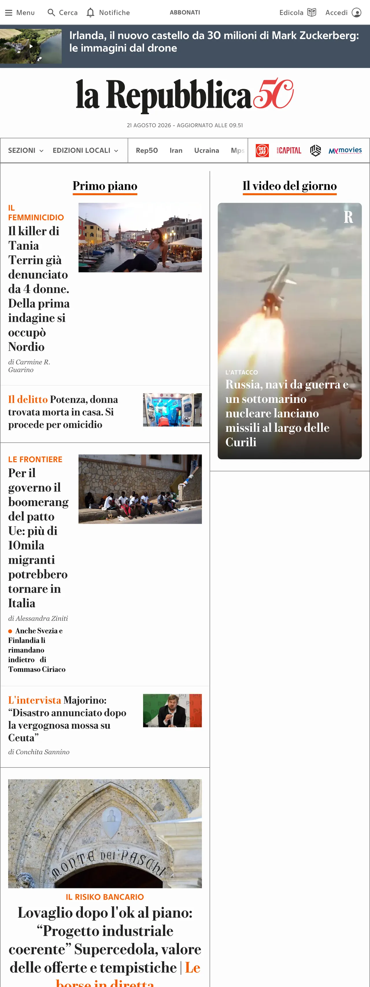 Screenshot of the la Repubblica front page