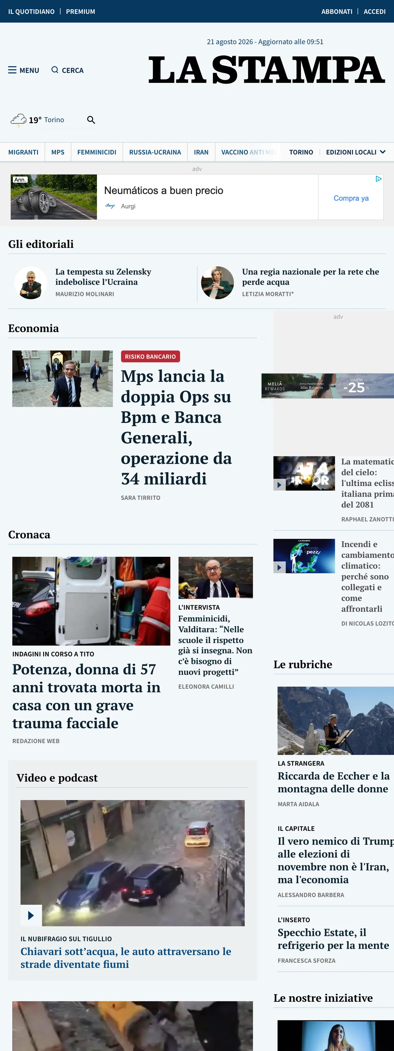 Screenshot of the La Stampa front page