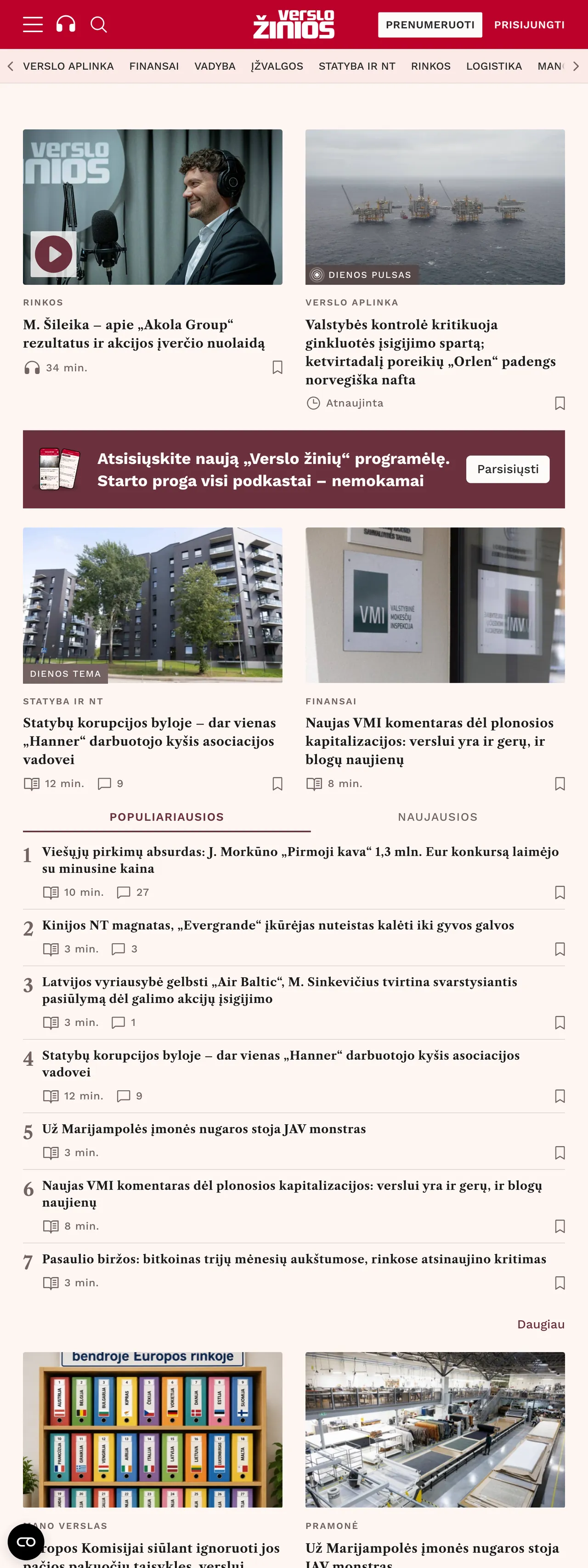 Screenshot of the Verslo žinios front page