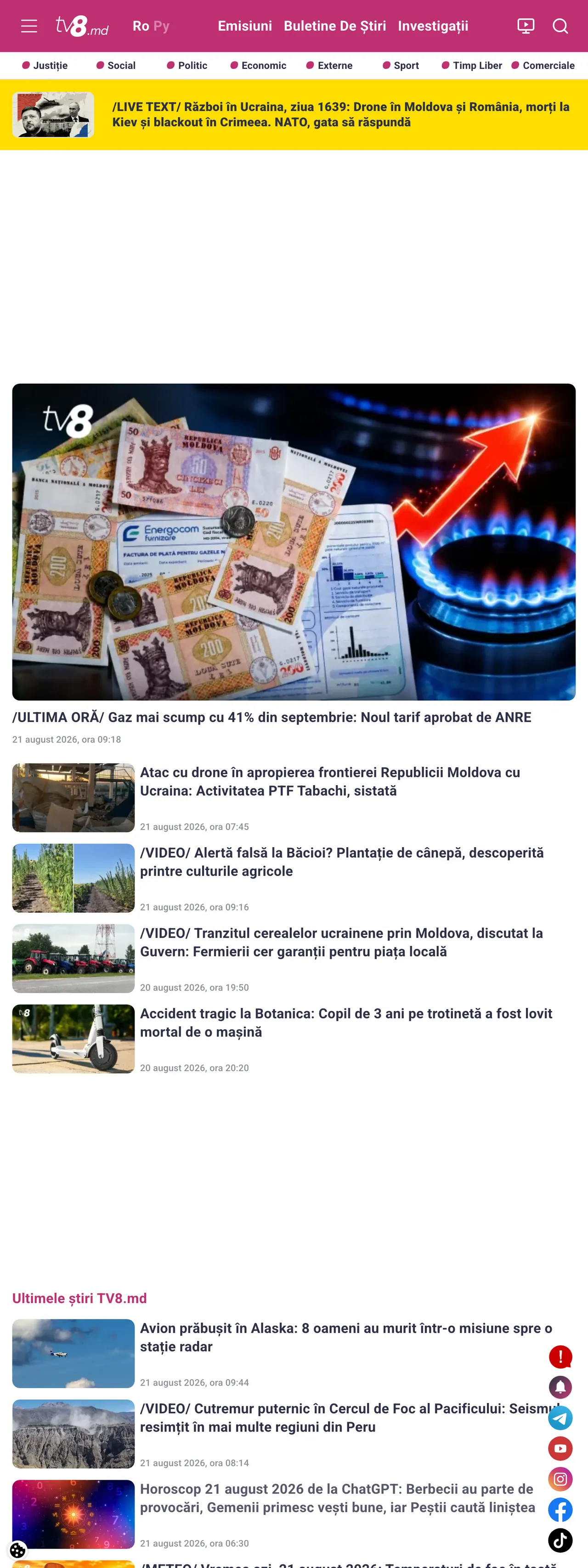 Screenshot of the TV8 front page