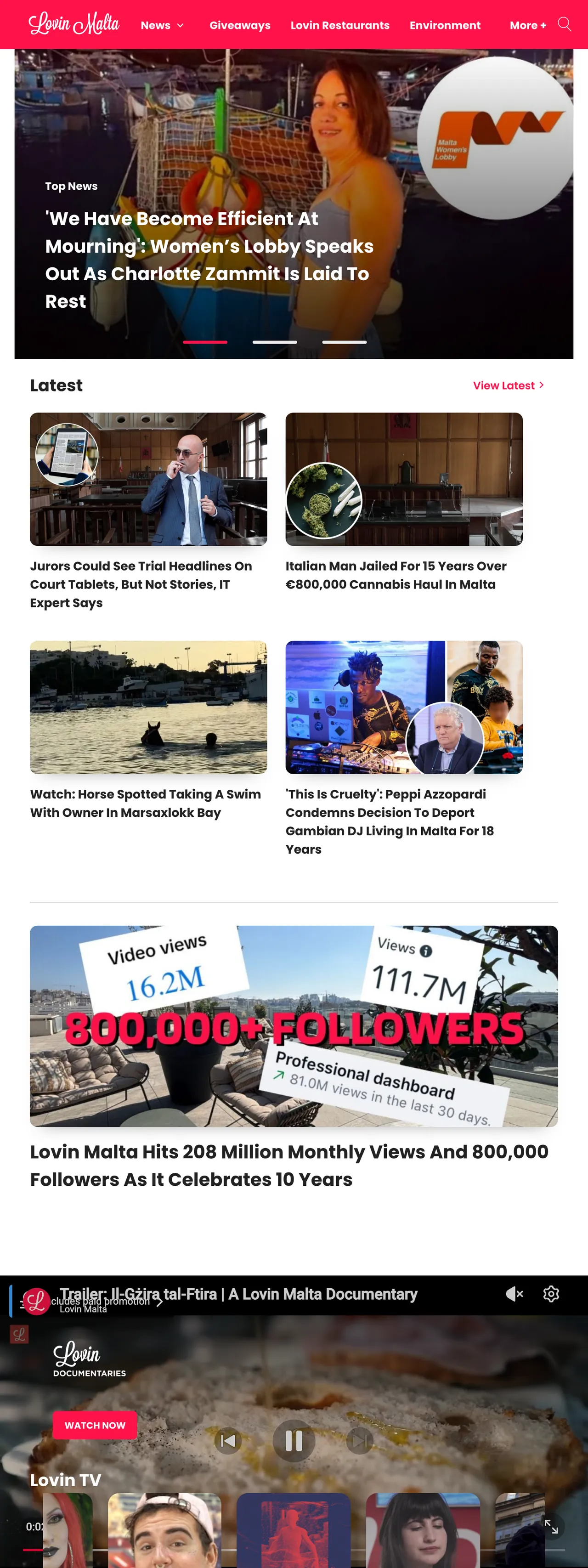 Screenshot of the Lovin Malta front page