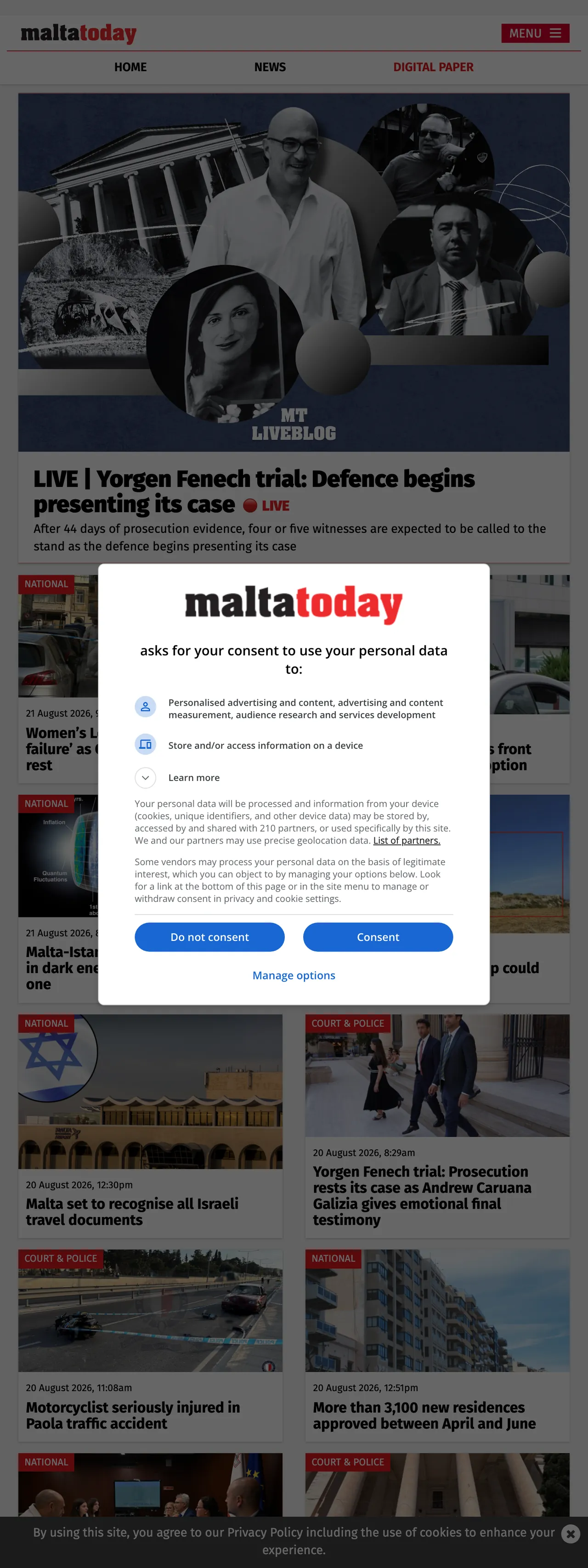 Screenshot of the Malta Today front page