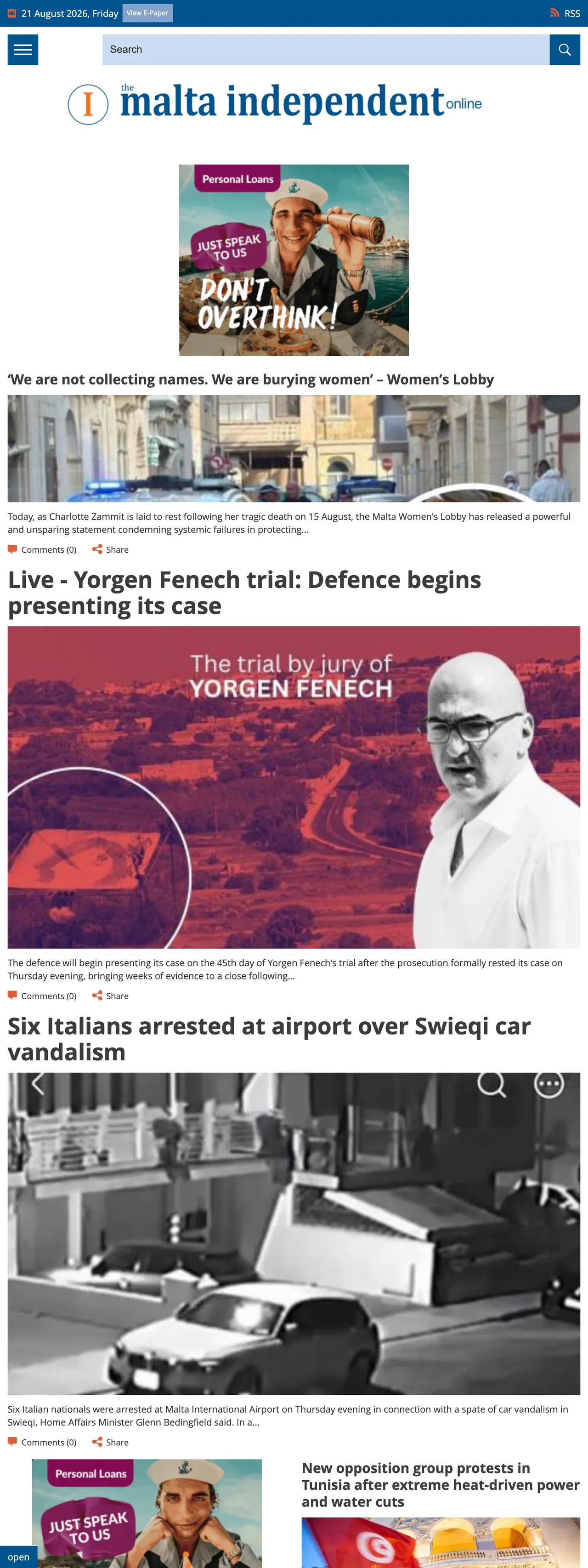 Screenshot of the The Malta Independent front page