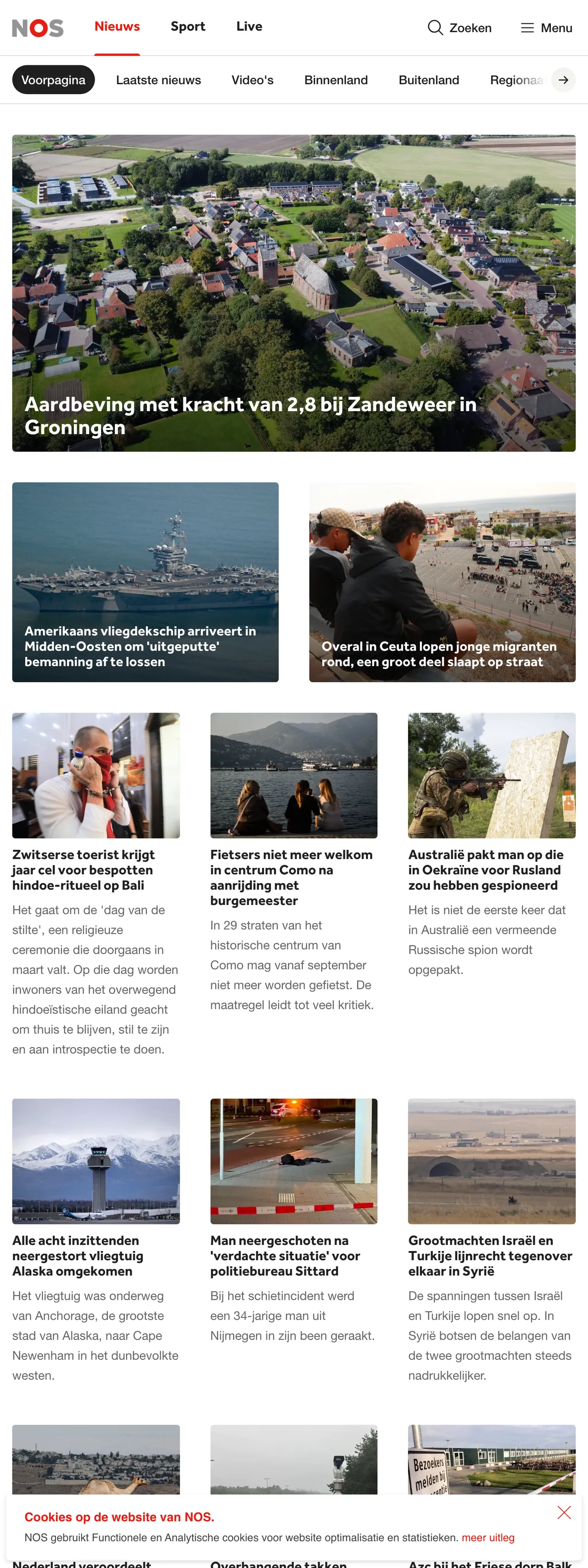 Screenshot of the NOS front page