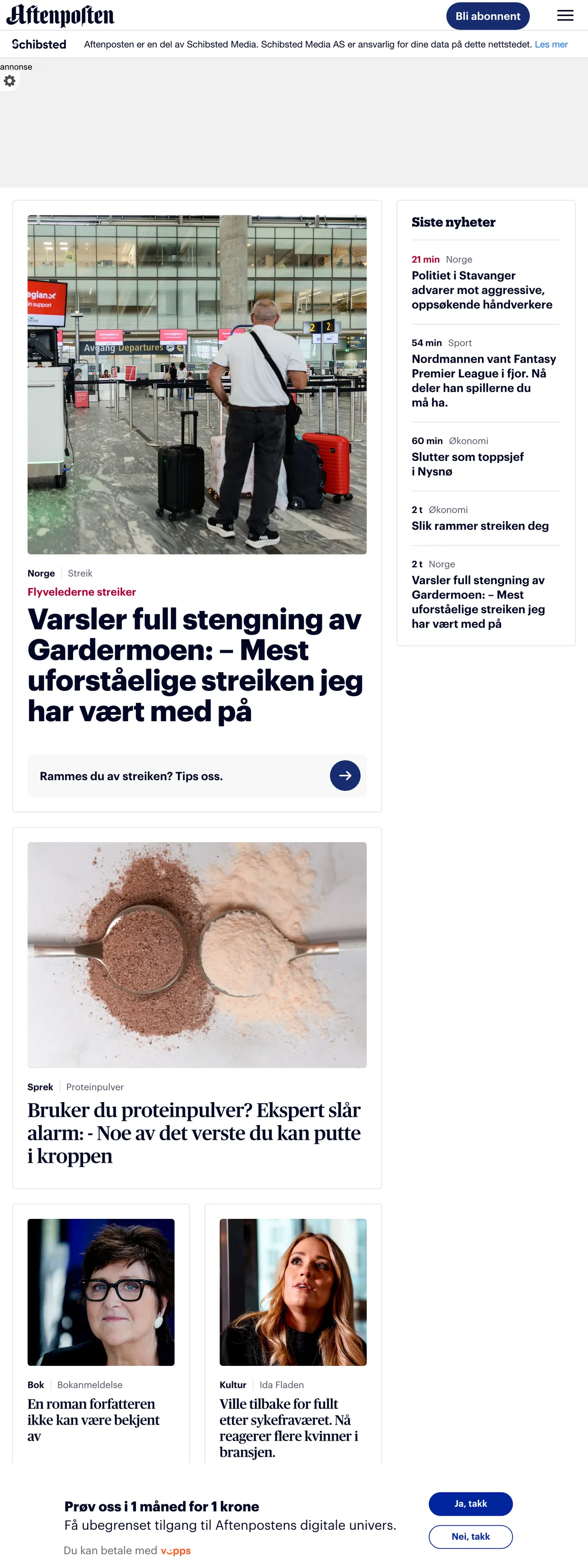Screenshot of the Aftenposten front page