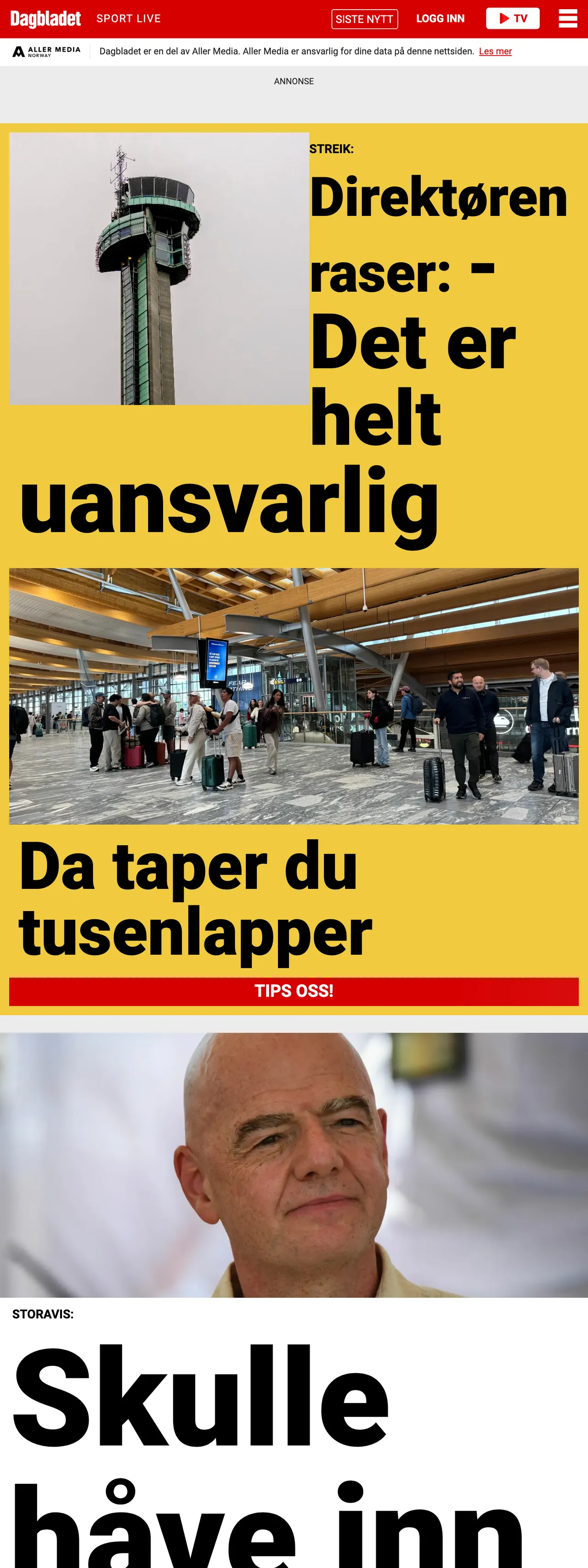 Screenshot of the Dagbladet front page