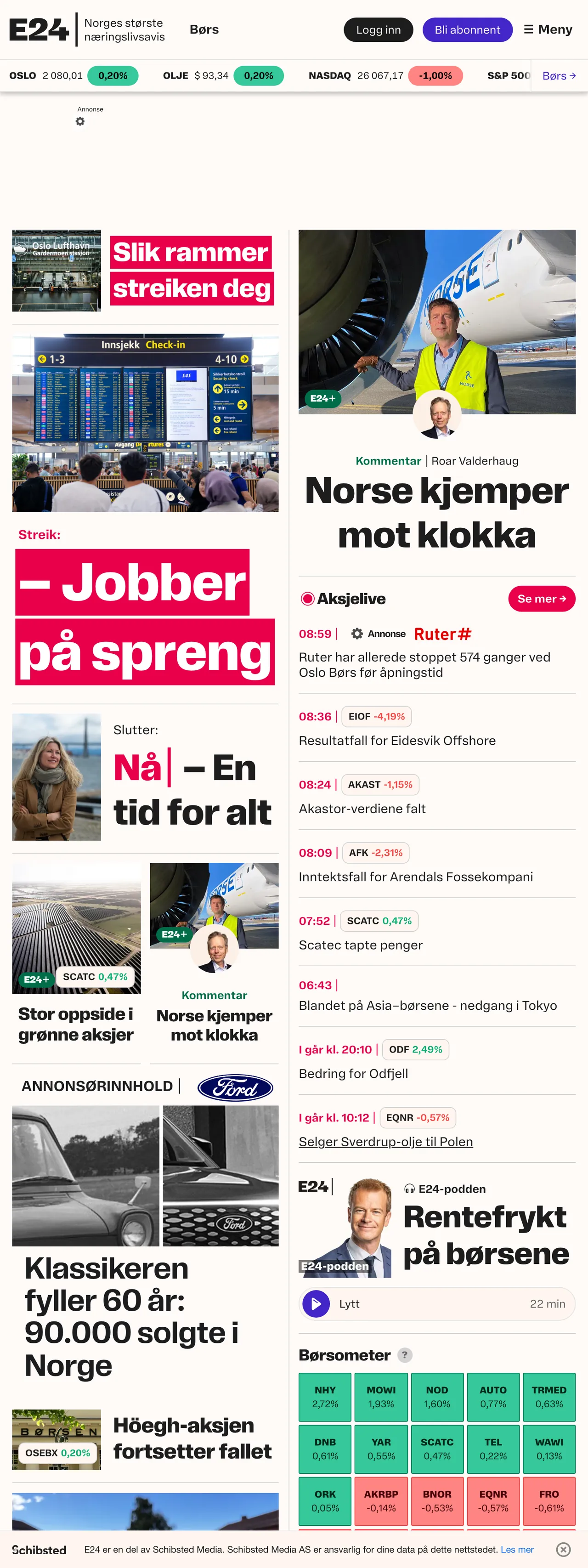 Screenshot of the E24 front page