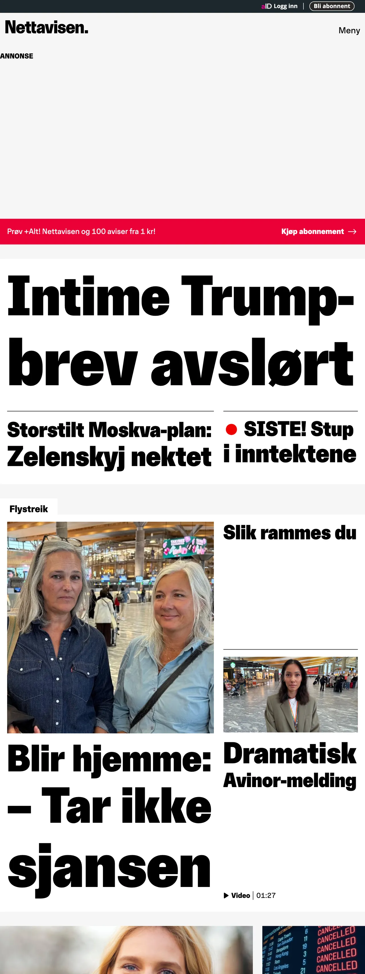 Screenshot of the Nettavisen front page