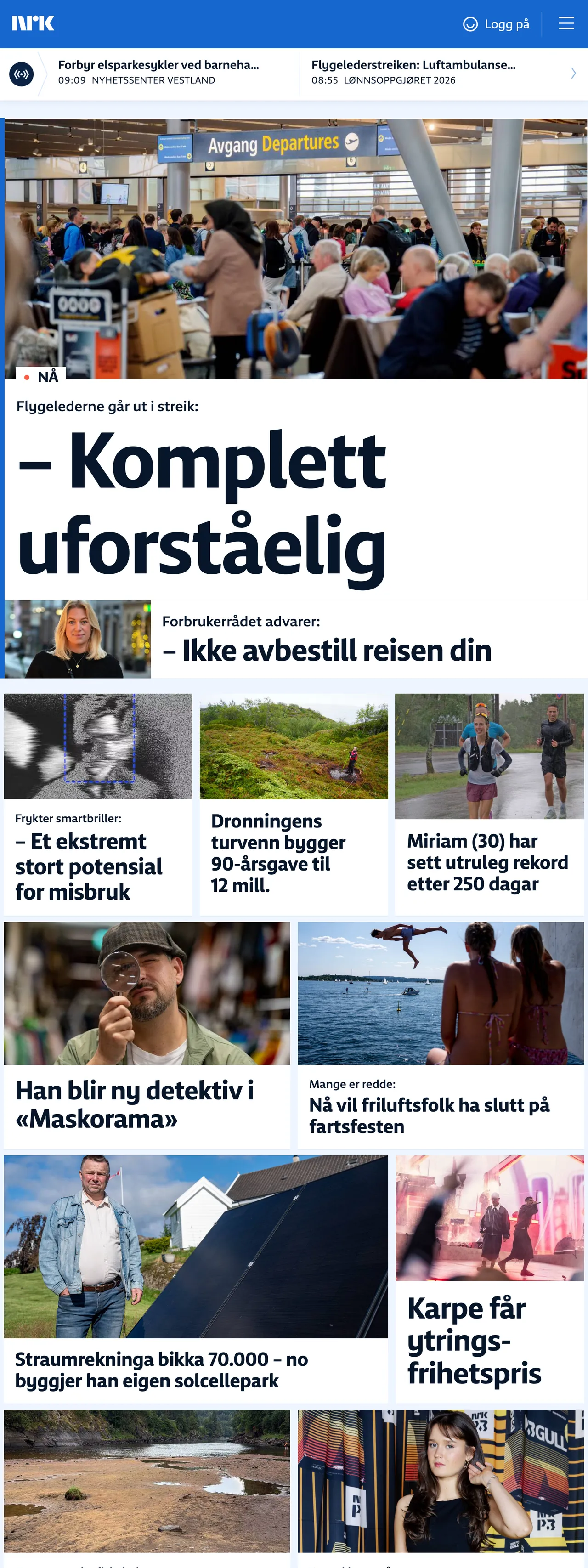Screenshot of the NRK front page