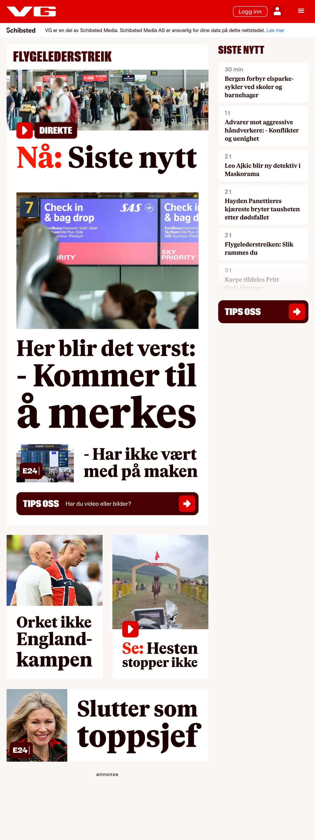 Screenshot of the VG front page
