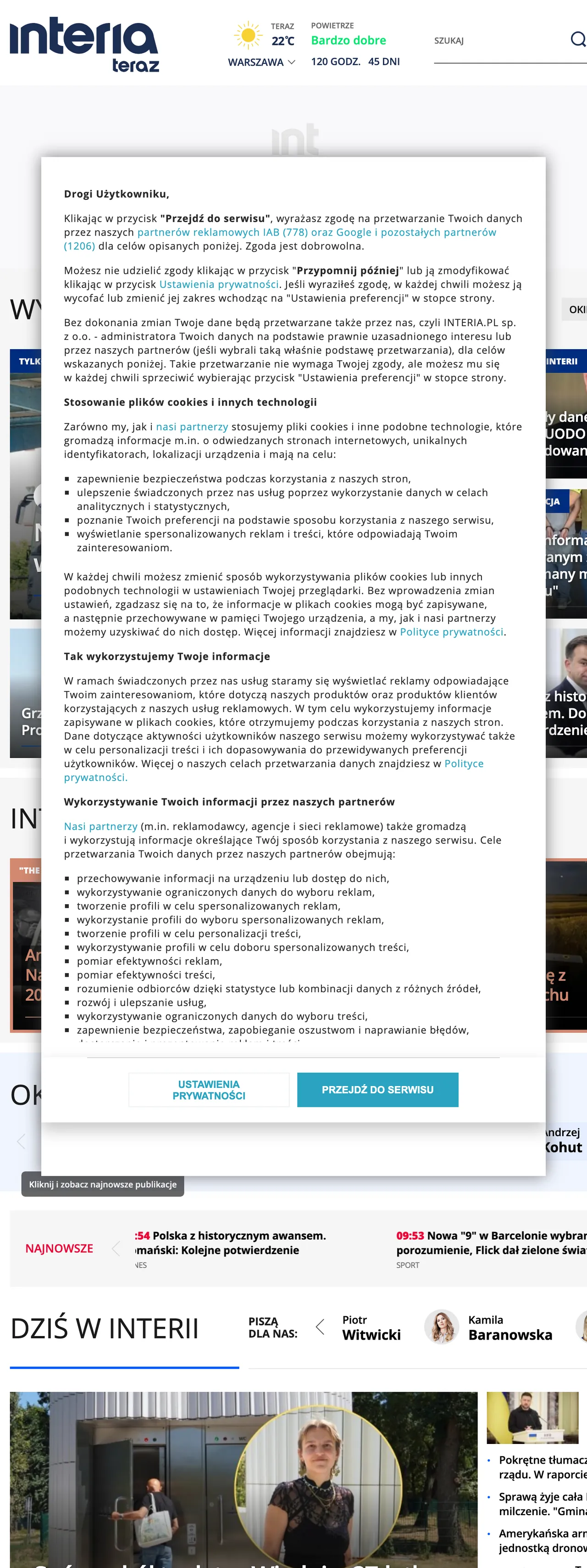 Screenshot of the Interia front page