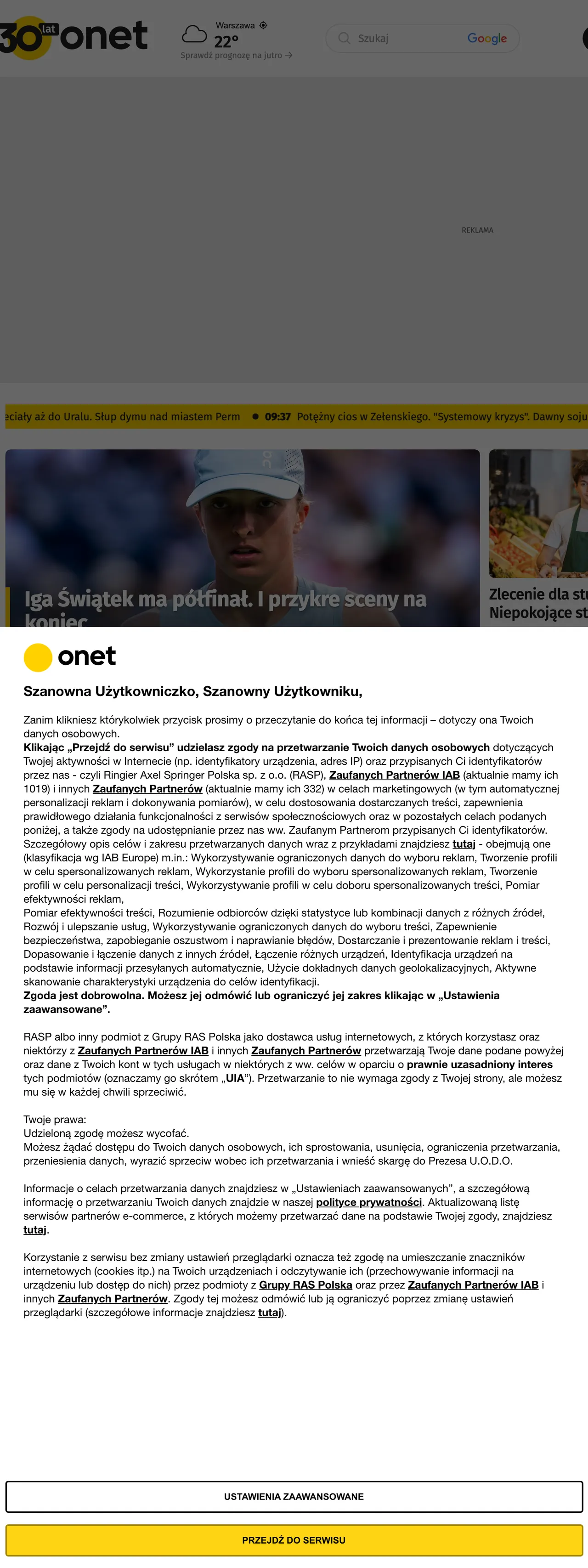 Screenshot of the Onet front page
