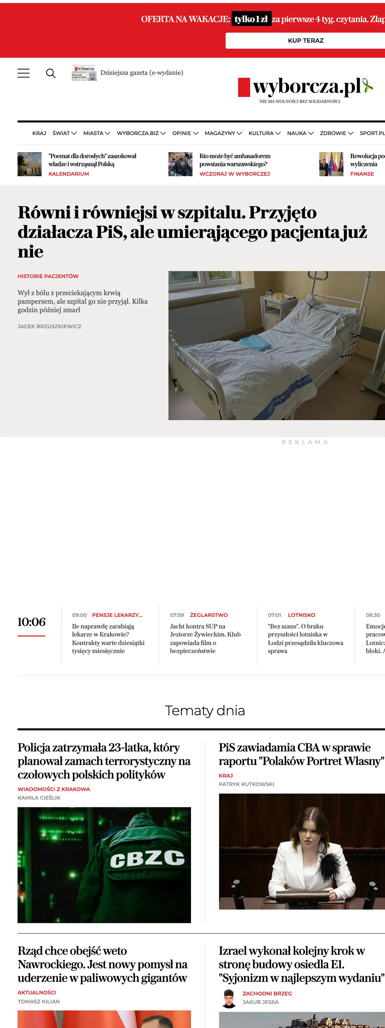Screenshot of the Wyborcza front page