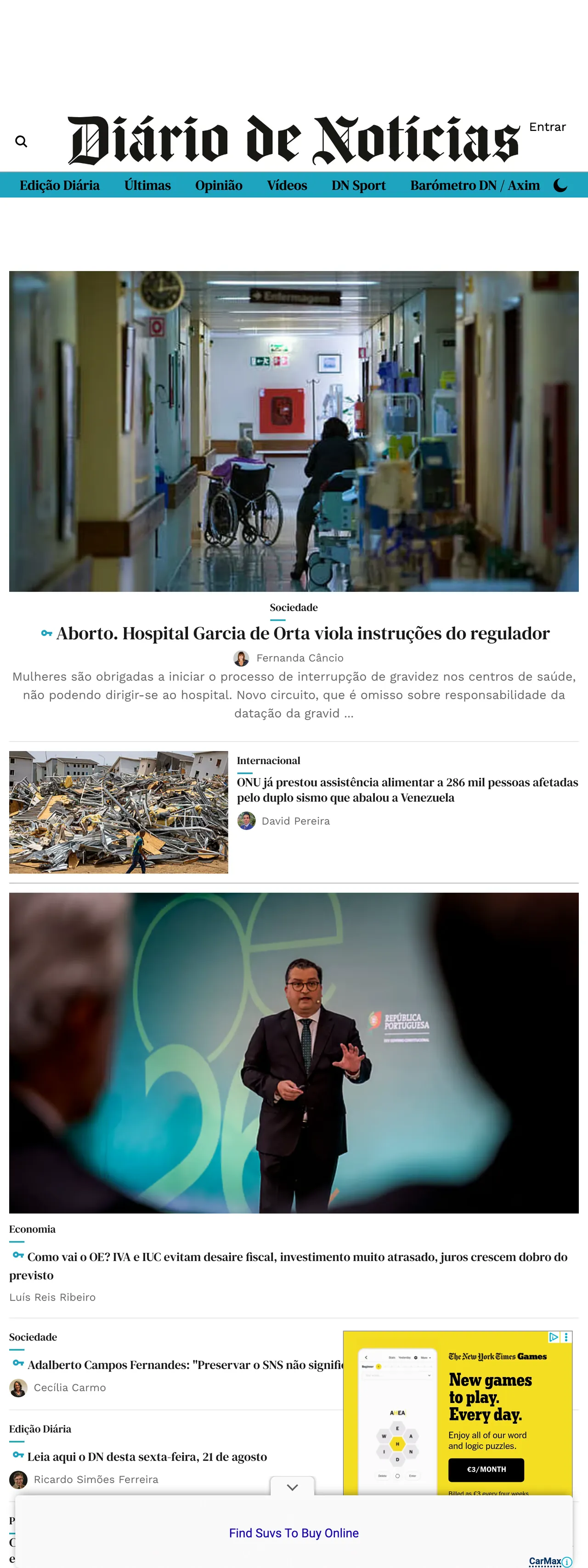 Screenshot of the Diário de Notícias front page