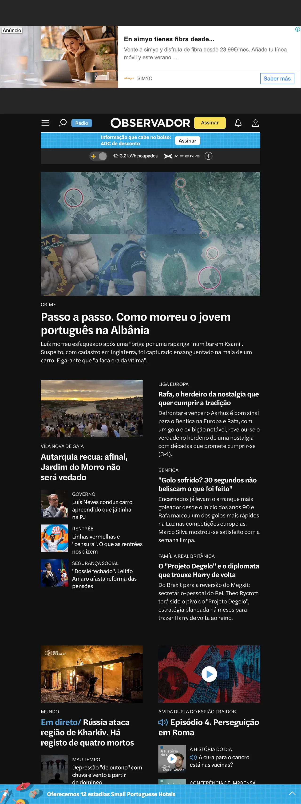 Screenshot of the Observador front page