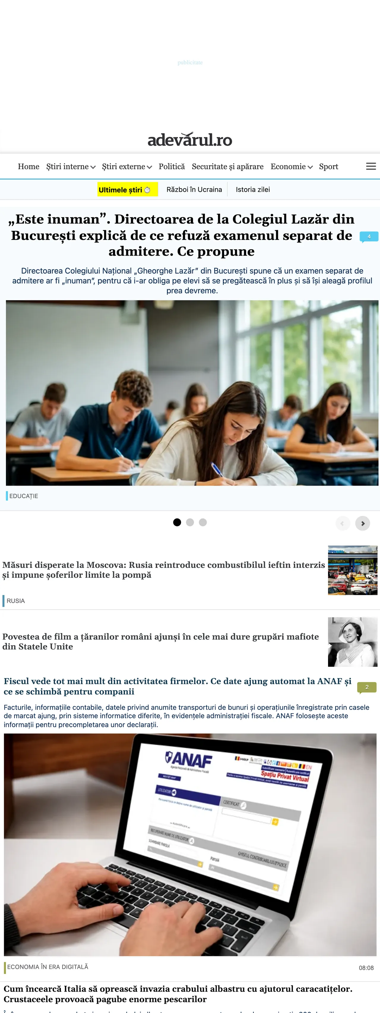 Screenshot of the Adevărul front page