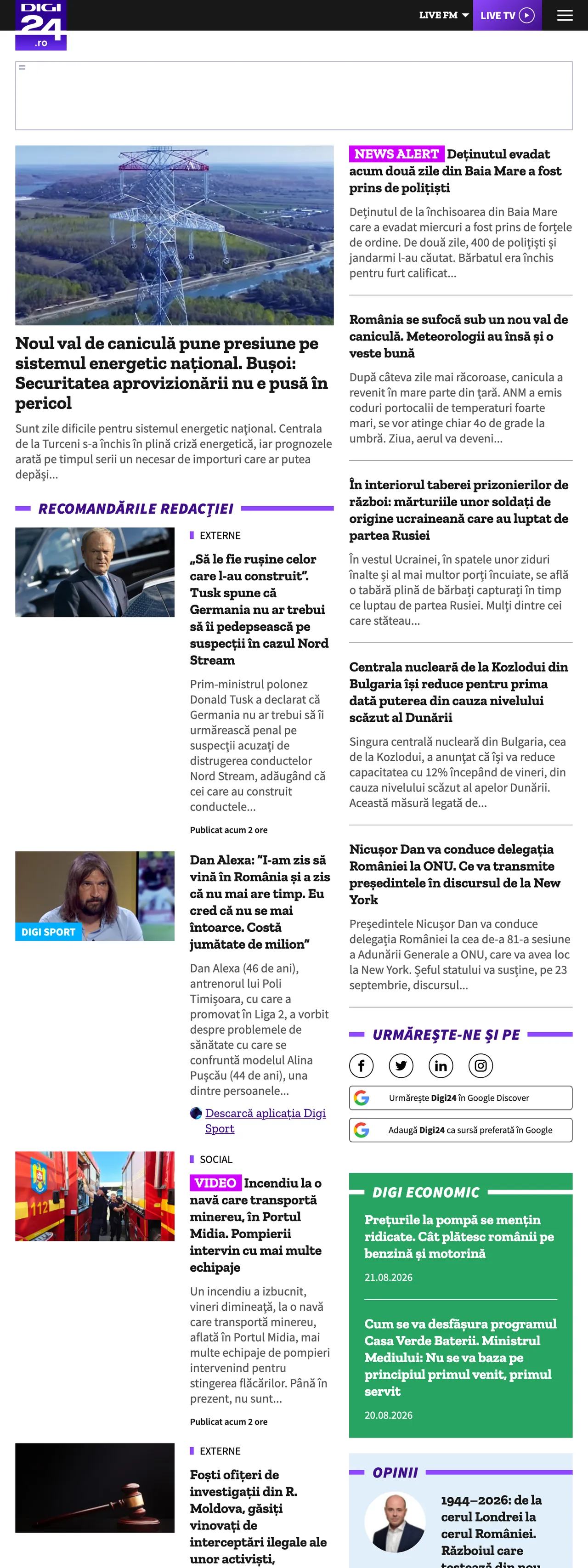 Screenshot of the Digi24 front page