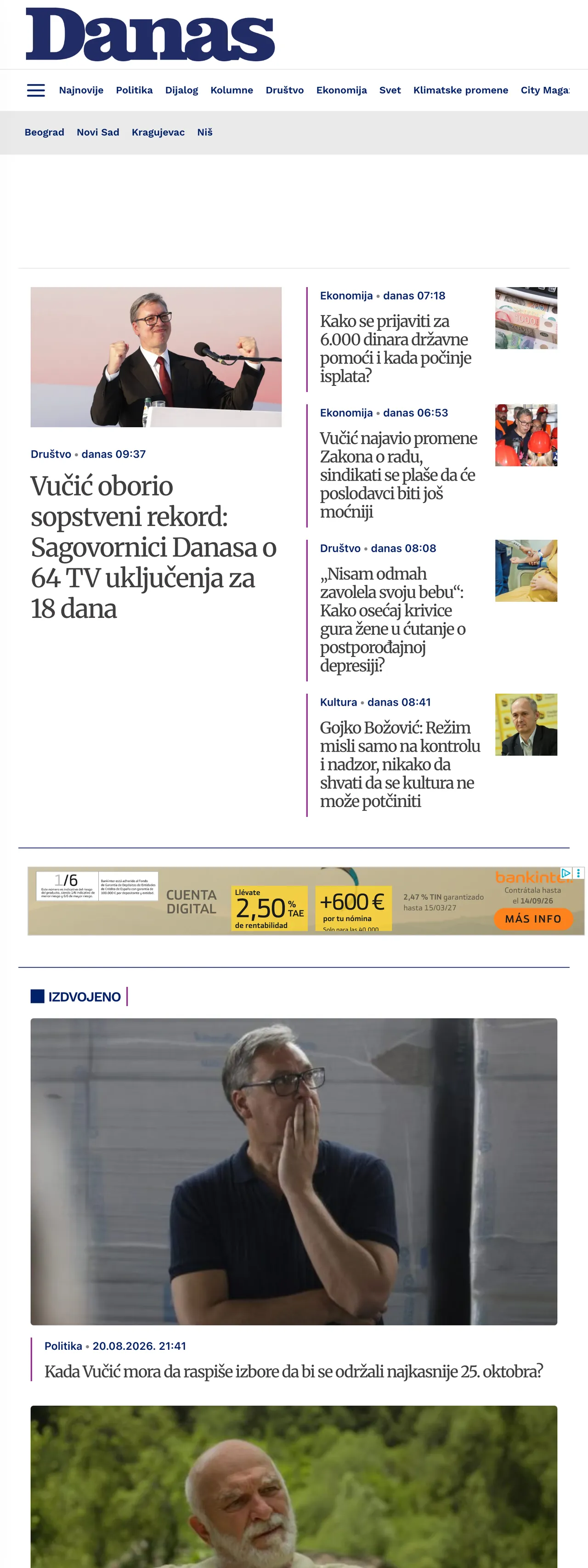 Screenshot of the Danas front page