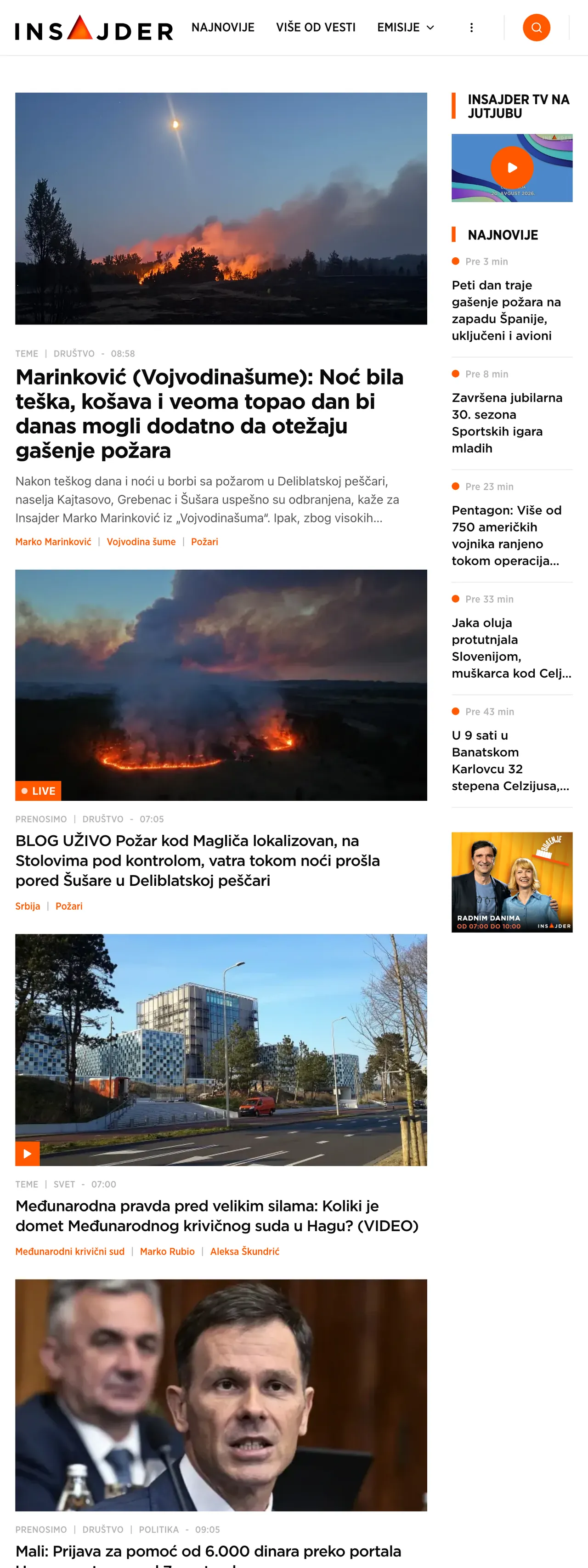 Screenshot of the Insajder front page