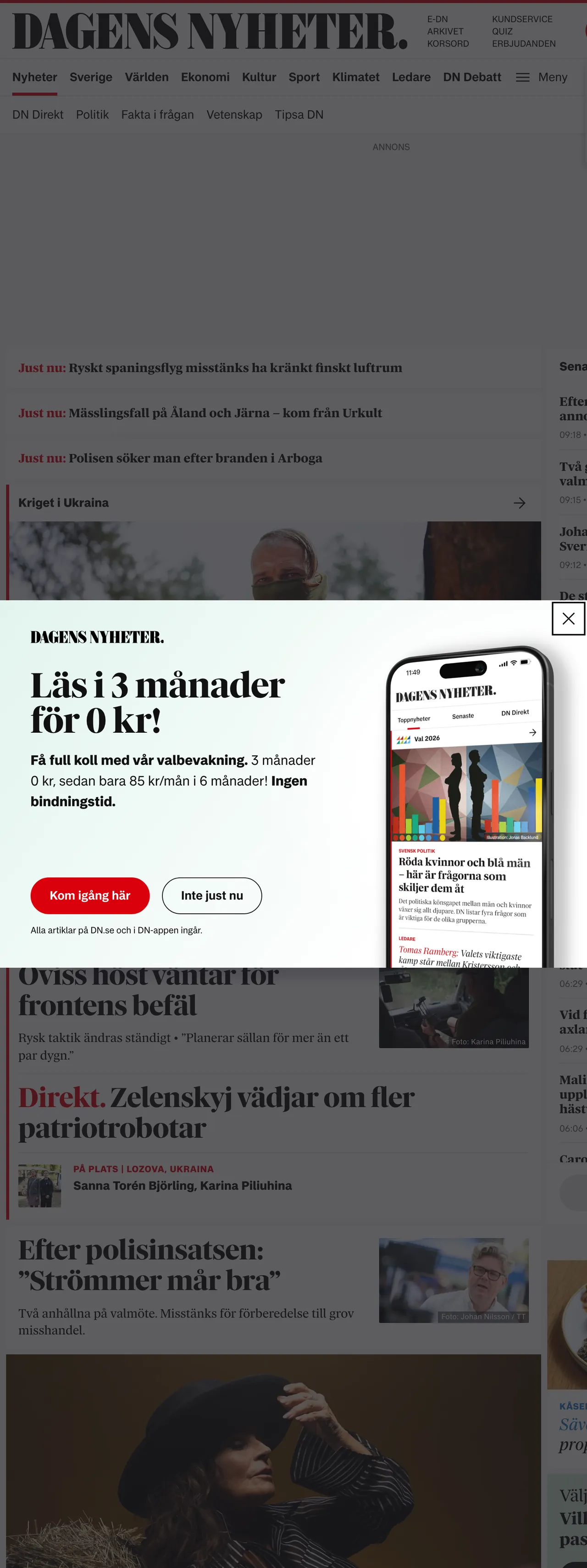 Screenshot of the Dagens Nyheter front page
