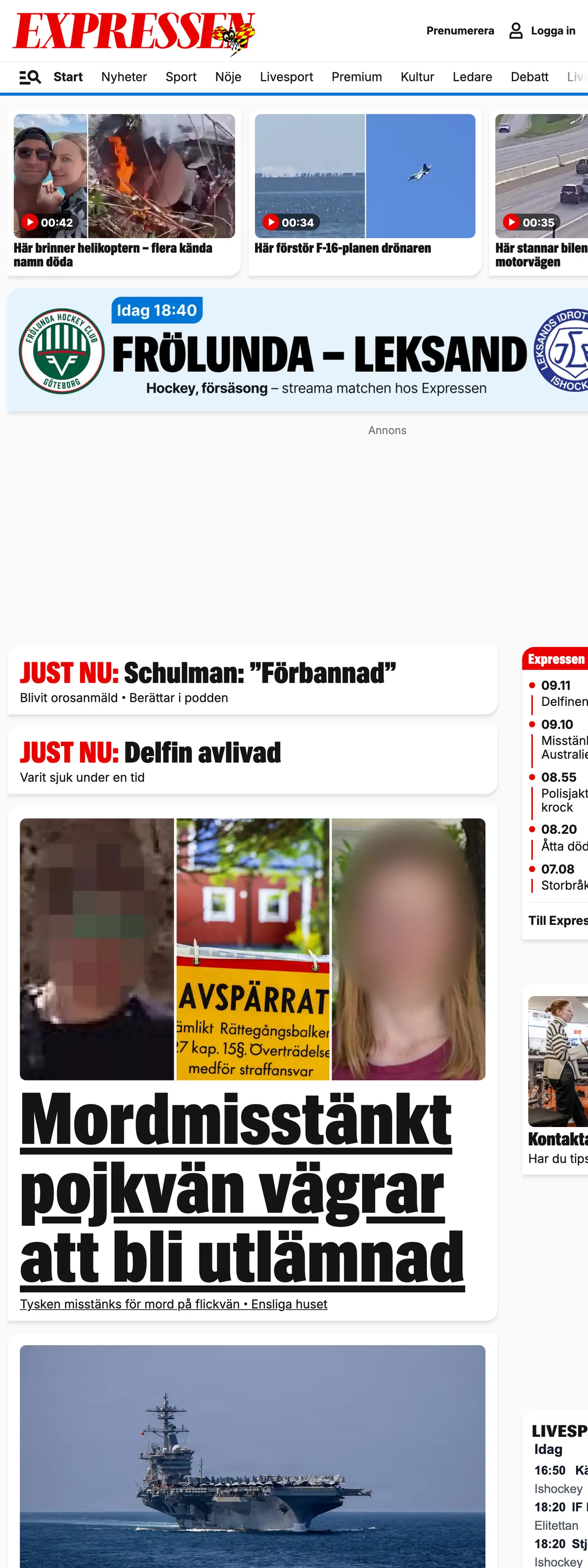 Screenshot of the Expressen front page