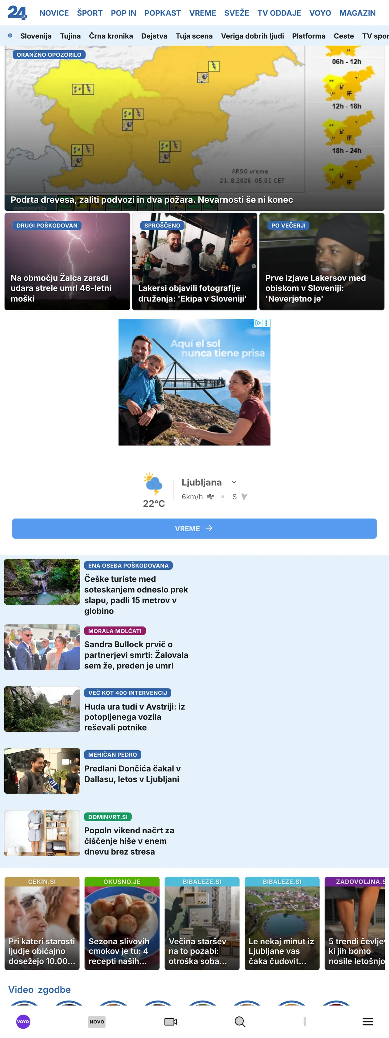 Screenshot of the 24ur front page