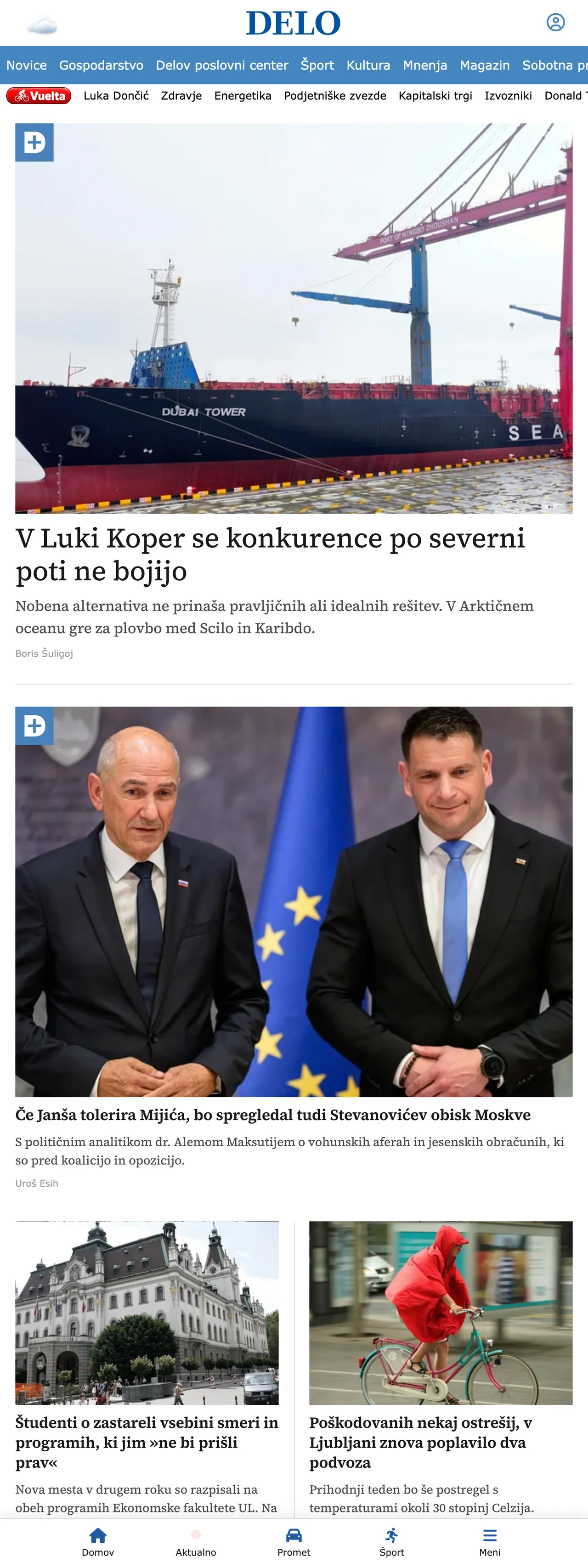 Screenshot of the Delo front page