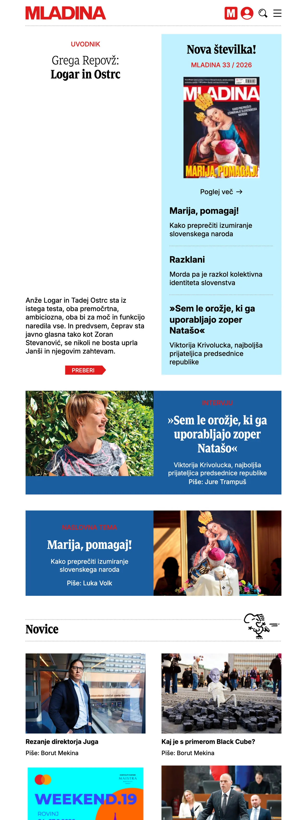 Screenshot of the Mladina front page